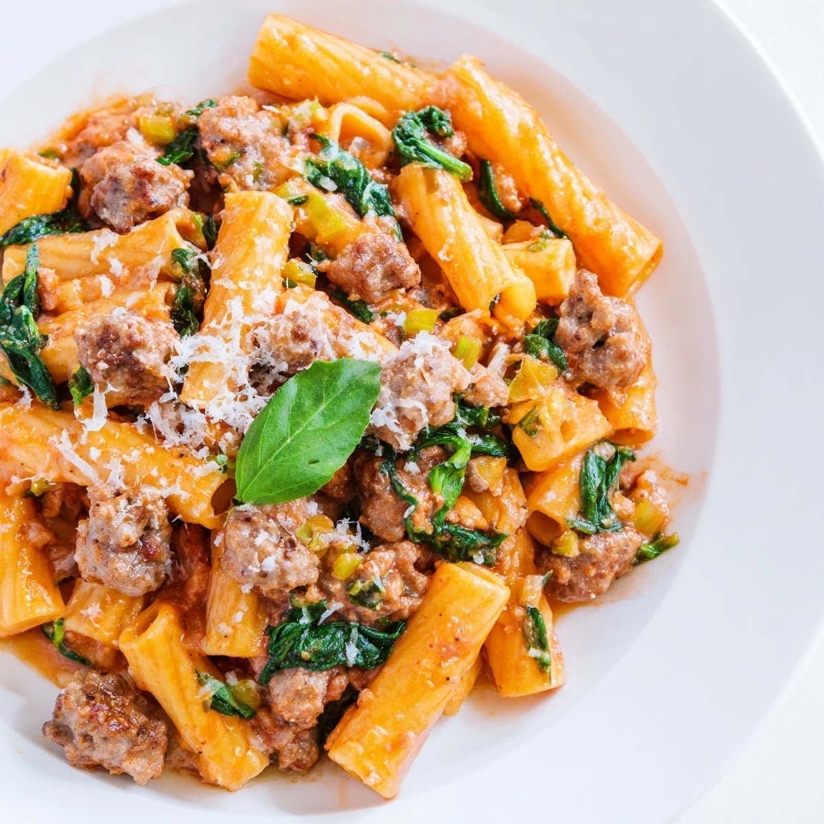 Sizzling One-Pot Italian Sausage Tomato Pasta, a flavorful dish with creamy sauce and herbs.