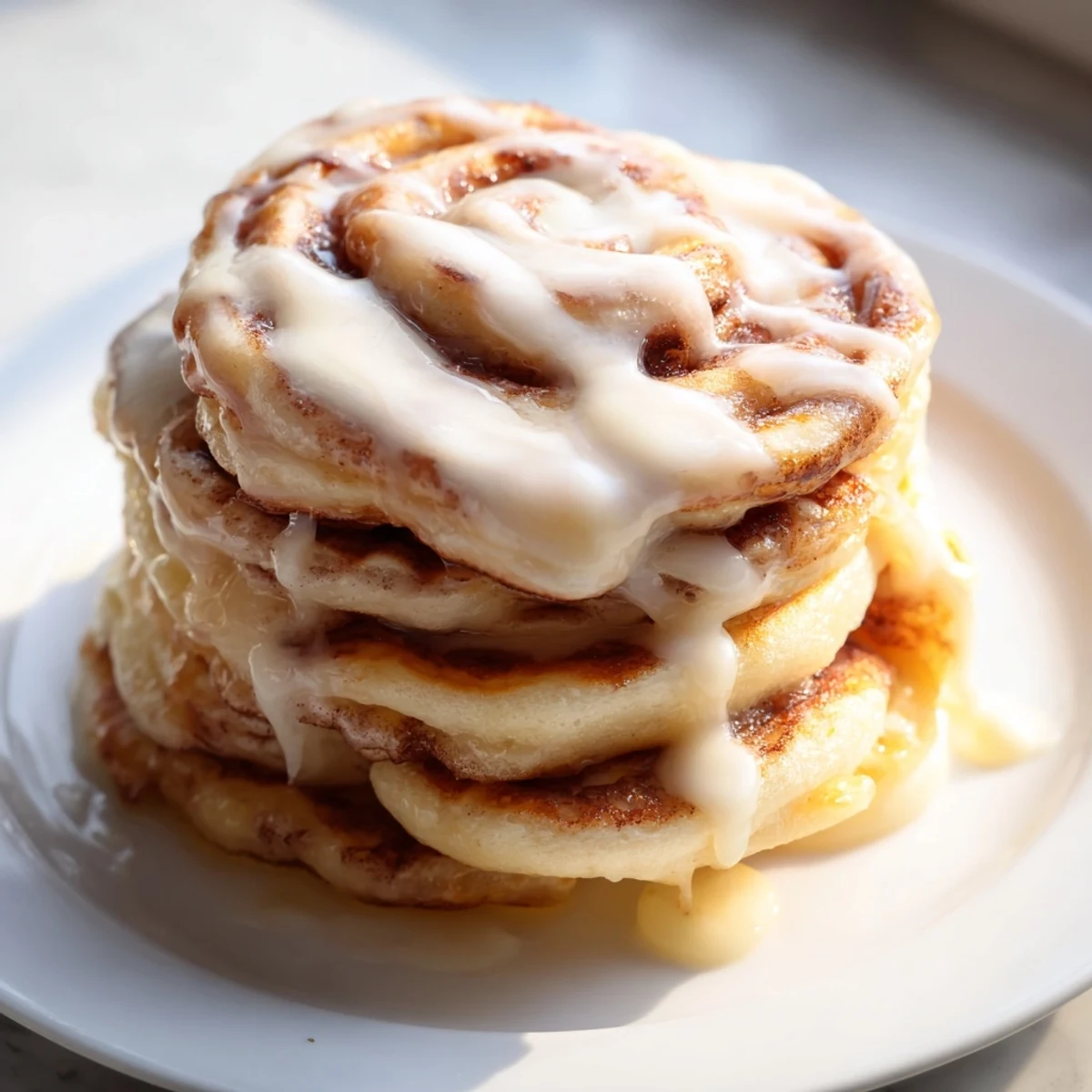 Golden, fluffy Cinnamon Roll Pancakes drizzled with sweet cream cheese glaze, perfect comfort food.