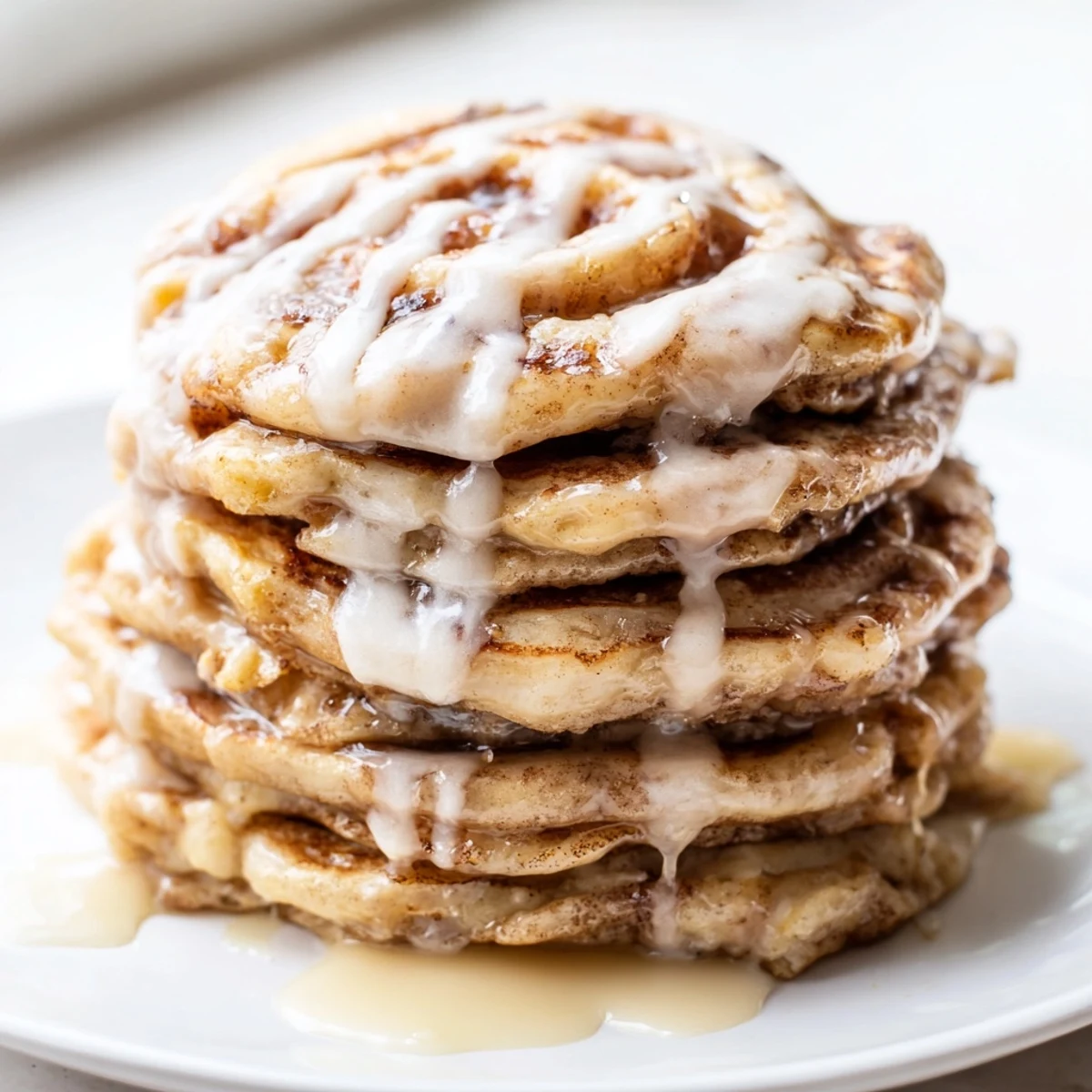Warm Cinnamon Roll Pancakes, swirled with cinnamon, reveal their tender, golden interior, ready to eat.