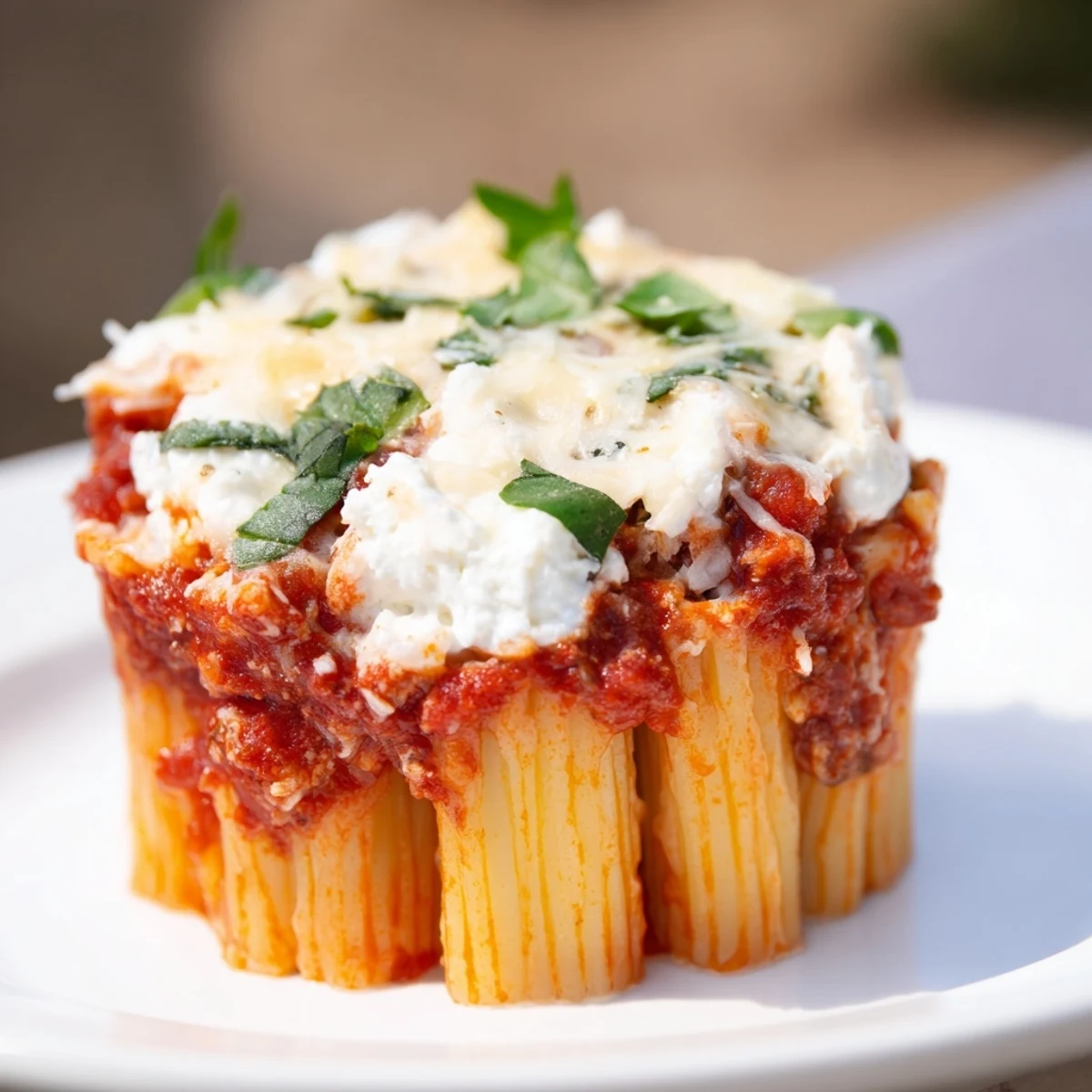 Golden-brown Baked Ziti Cups, filled with bubbly cheese and savory tomato sauce, ready to serve and enjoy.
