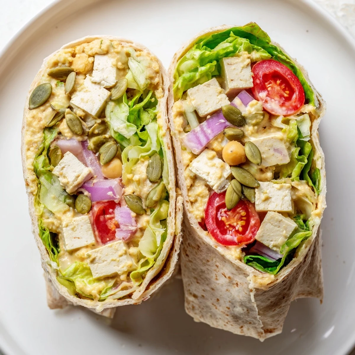 High-Protein Chicken-less Caesar Wrap, overflowing with fresh romaine, tomatoes, and creamy dressing, is ready.