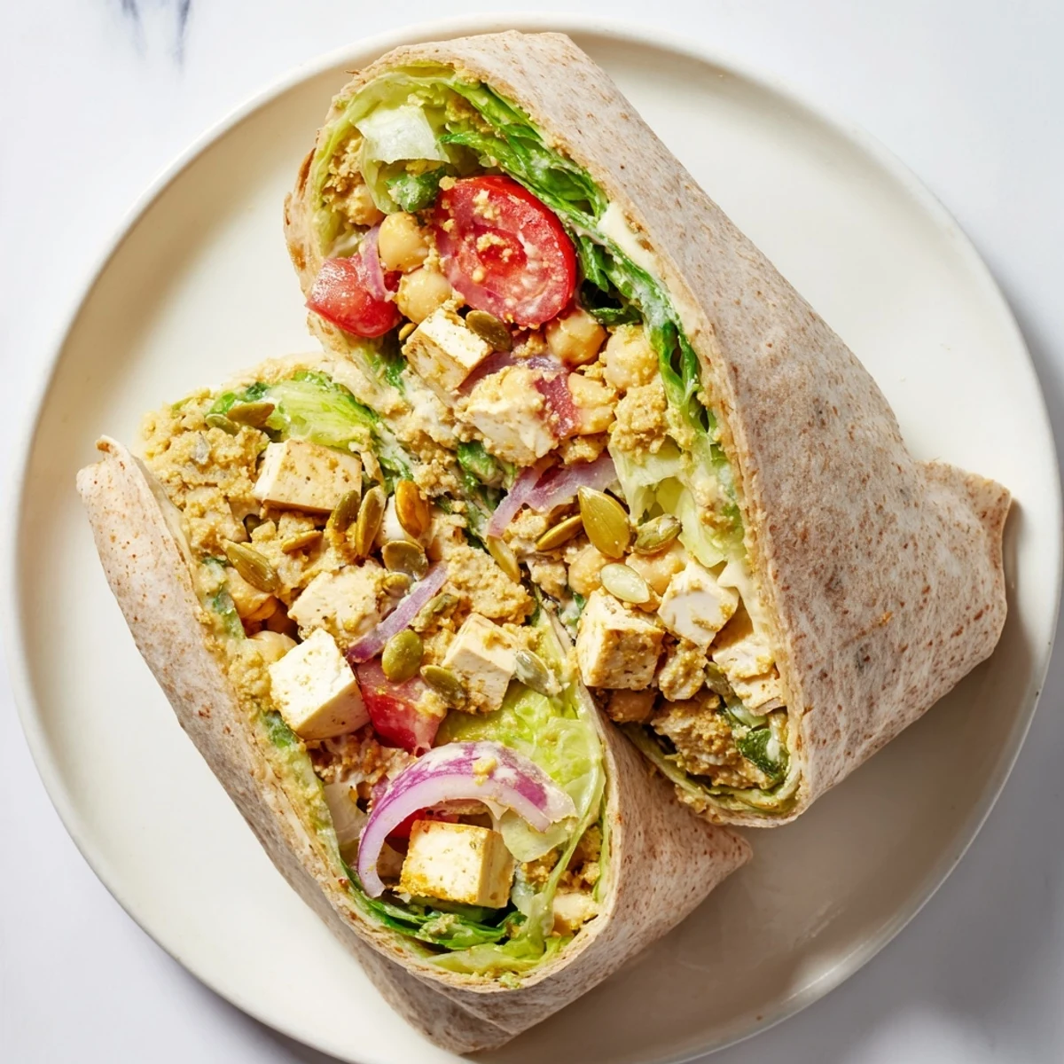 A delicious High-Protein Chicken-less Caesar Wrap, offering a delightful crunch from seeds and a satisfying bite.