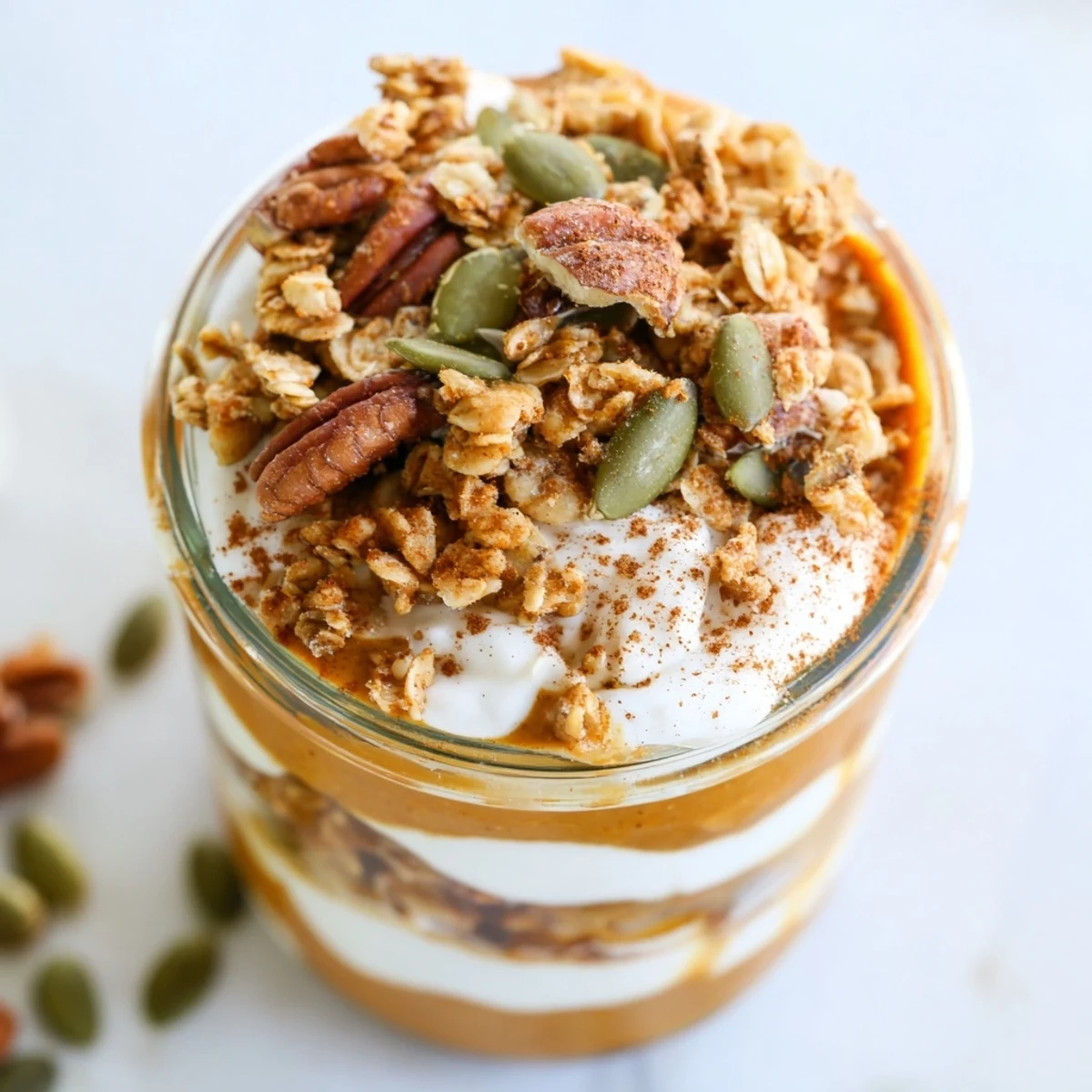 Rustic Pumpkin Yogurt Parfait layered in a clear glass, ready for a delicious breakfast.