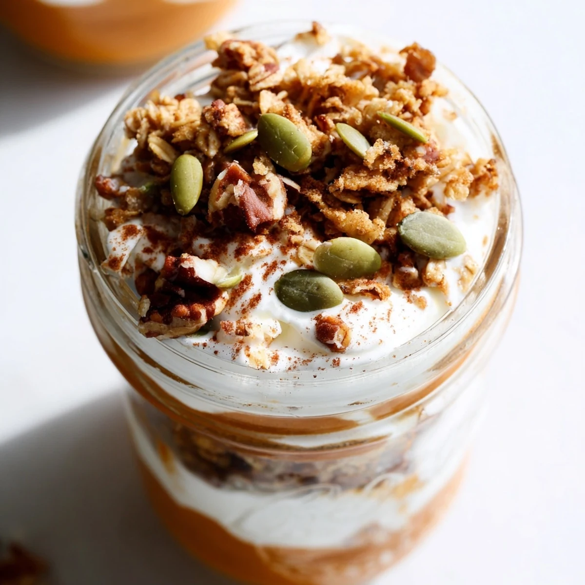 Swirled pumpkin and creamy yogurt in a Pumpkin Yogurt Parfait, topped with crunchy granola.