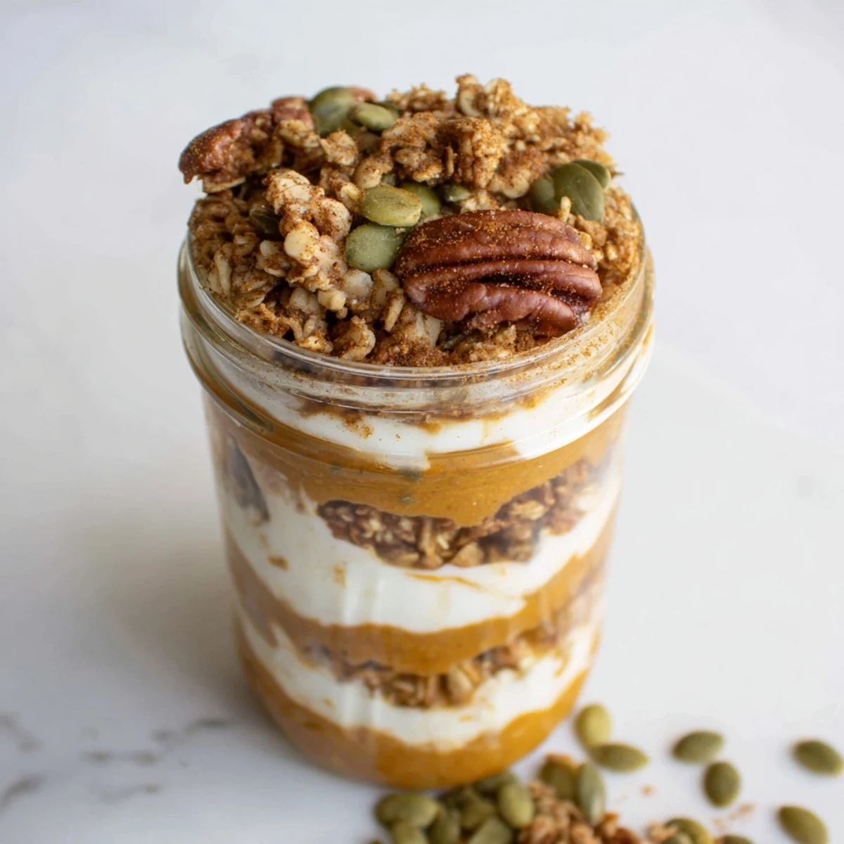 A layered Pumpkin Yogurt Parfait: the vibrant pumpkin puree with yogurt and granola.