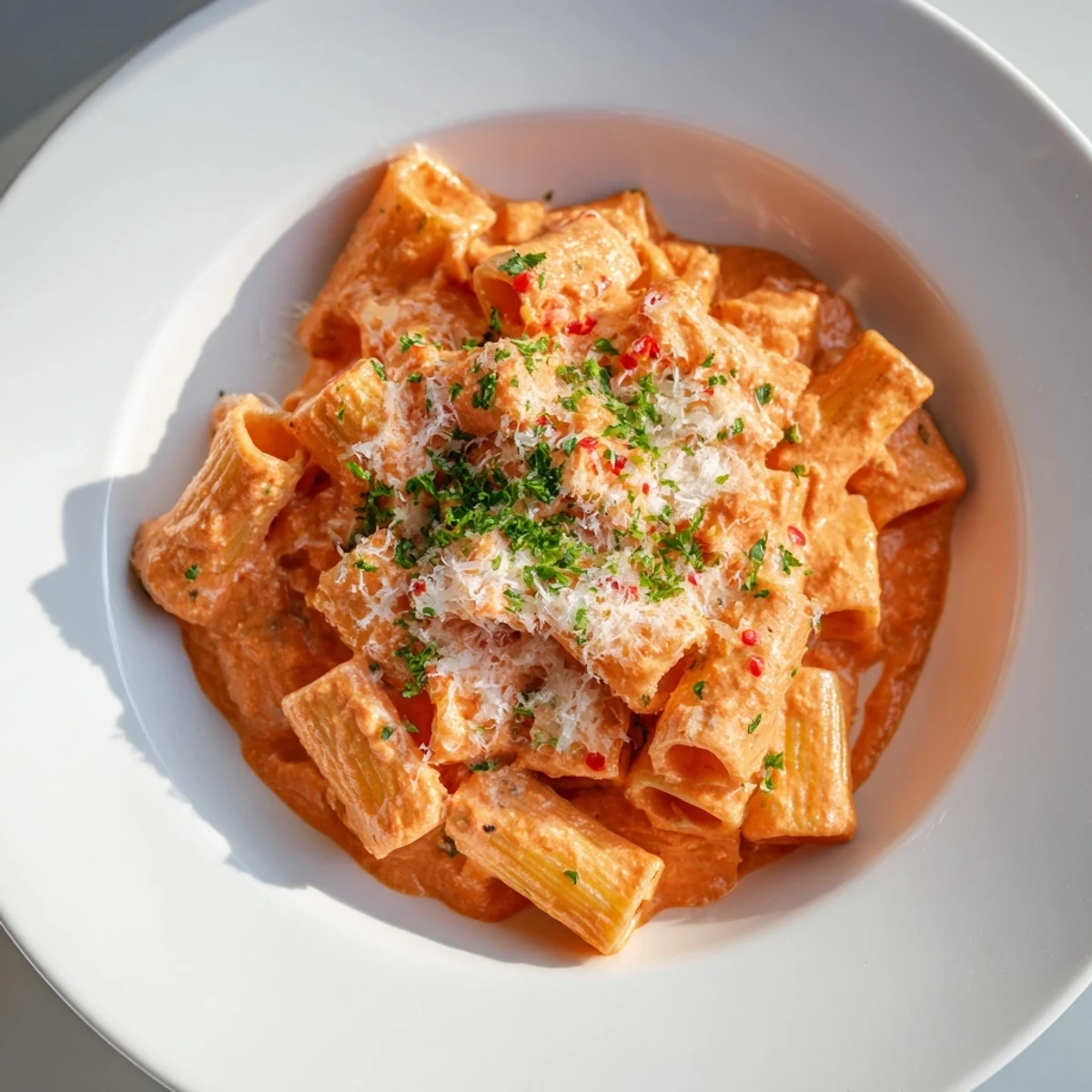 A steaming bowl of Gigi Hadid-Style Spicy Rigatoni boasts tender pasta coated in a rich, red vodka sauce.