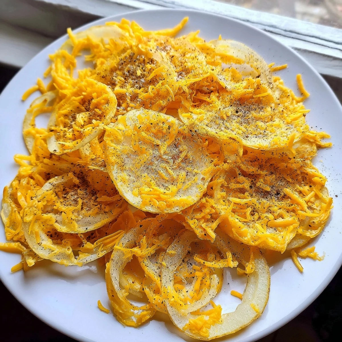 Air-fried Crispy Onion Cheese Chips, a low-carb snack, featuring golden cheese and tender onions.