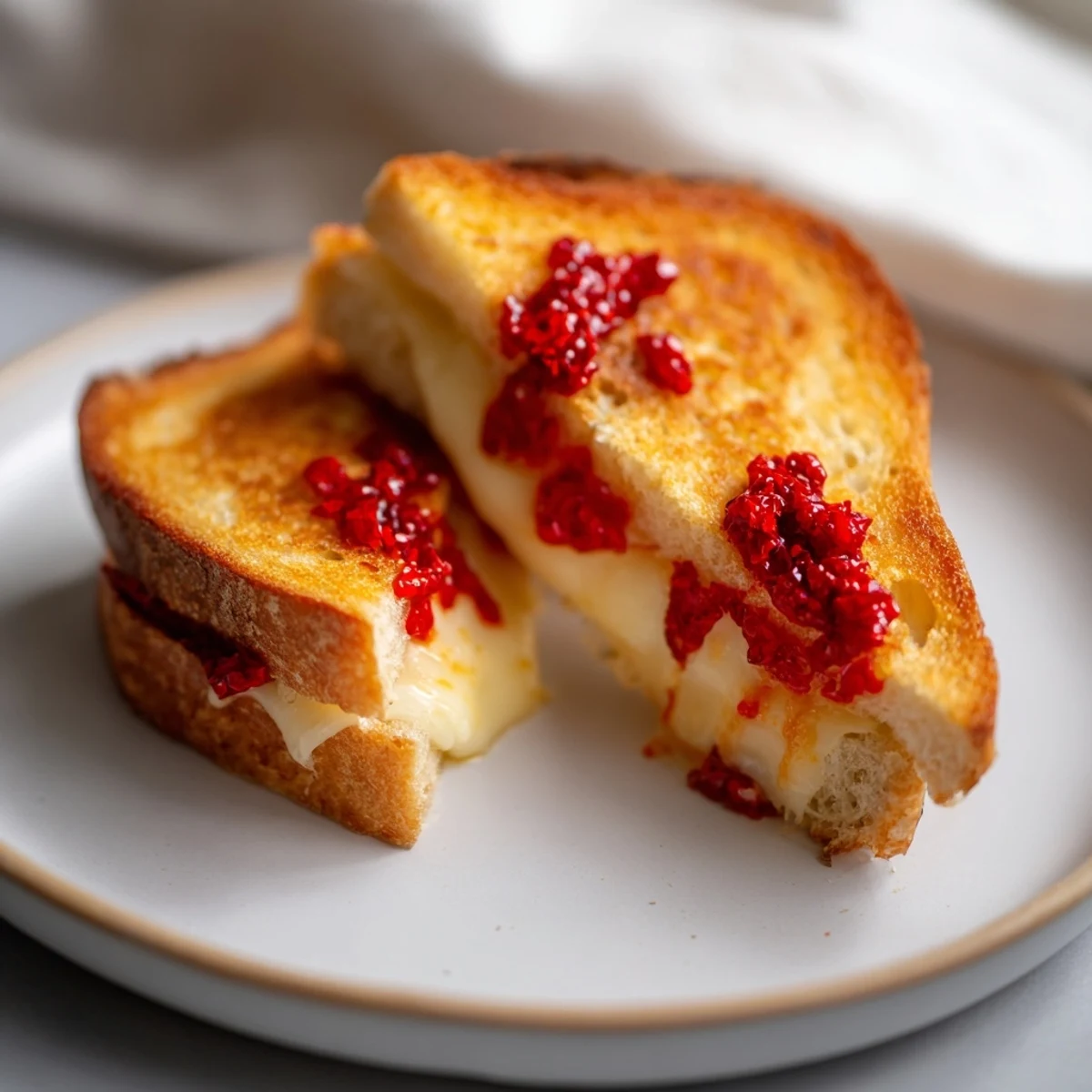 Golden-brown Brie and Chili Crisp Grilled Cheese, oozing with melted cheese and spicy chili.
