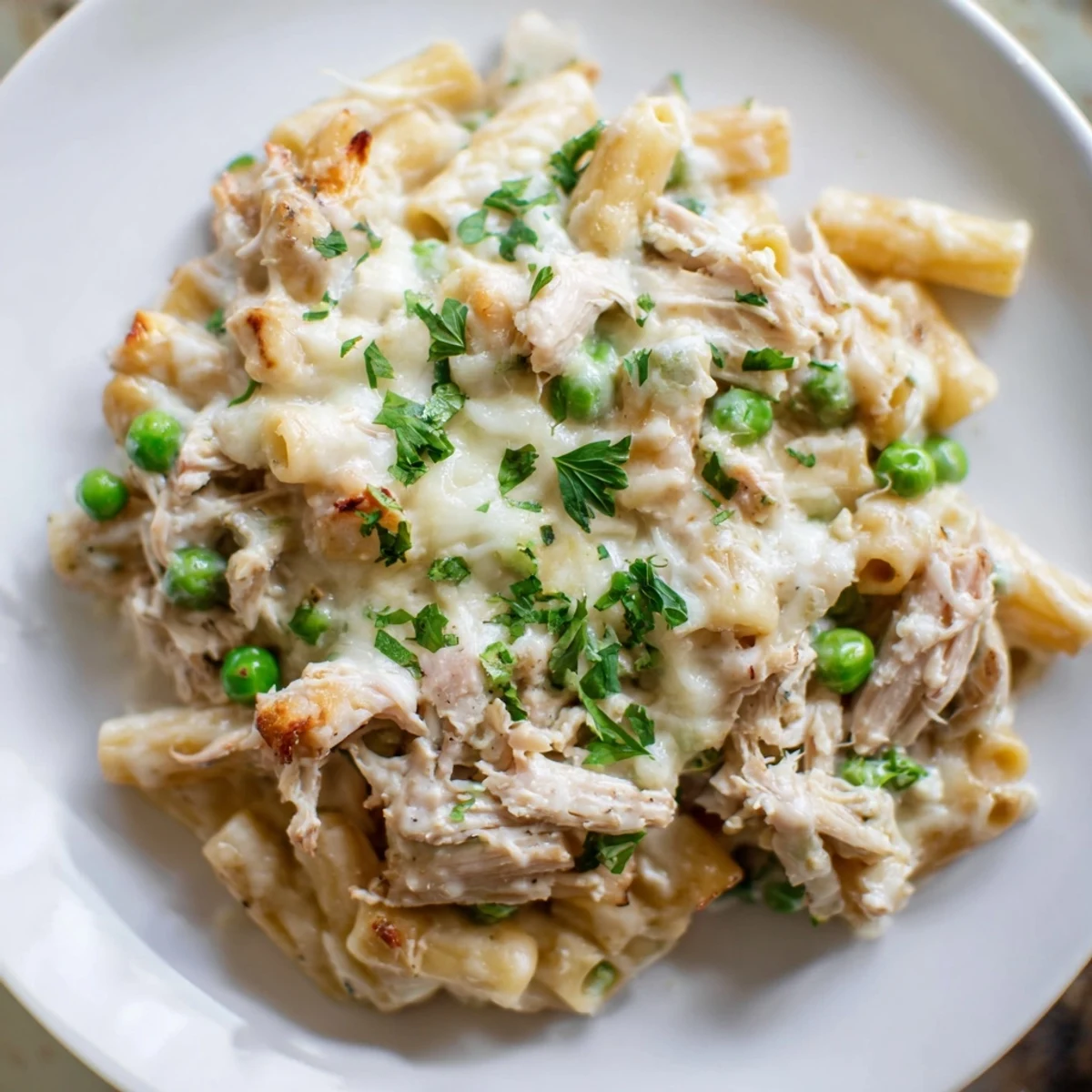 Steaming Slow Cooker Chicken Alfredo Pasta Bake, featuring tender chicken and creamy, cheesy pasta.