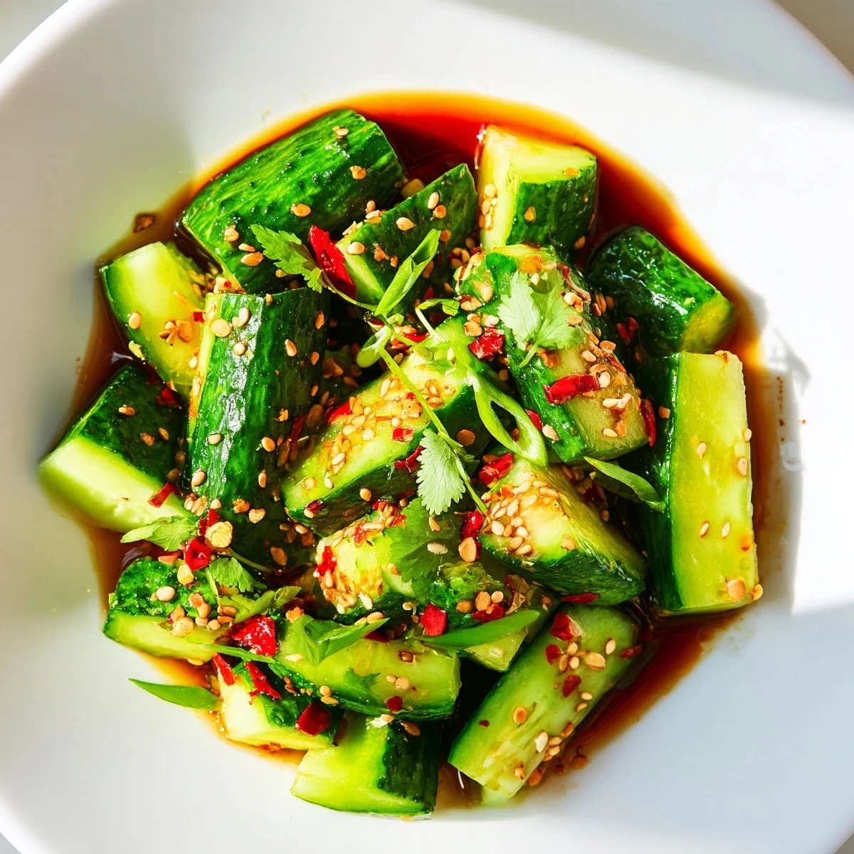A vibrant bowl of Chinese Spicy Smashed Cucumber Salad, ready for a refreshing, flavorful meal.