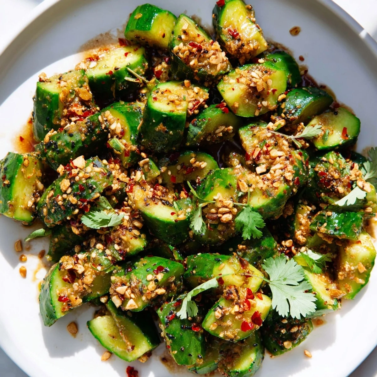Delicious Chinese Spicy Smashed Cucumber Salad: a vegan-friendly, refreshing dish on a plate.