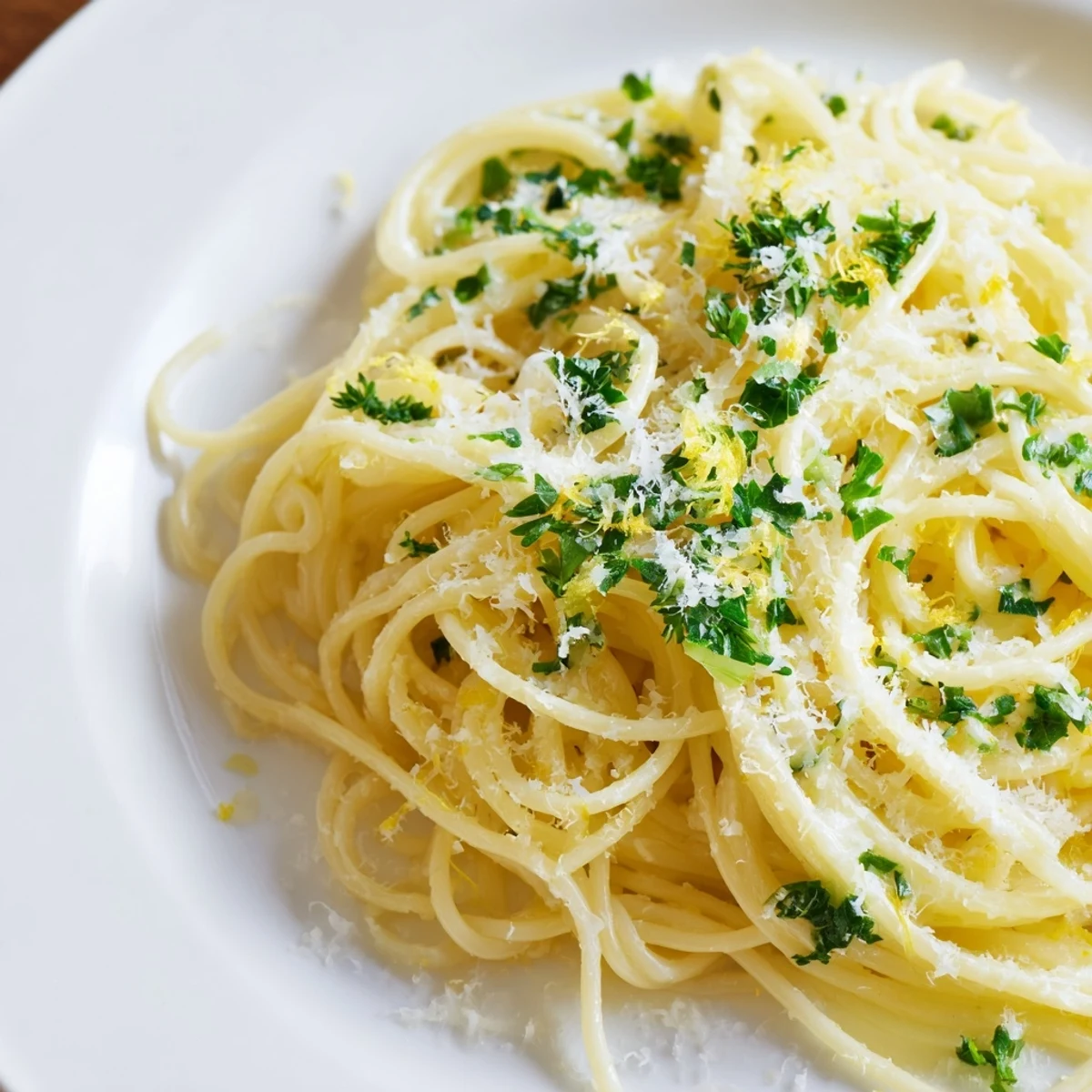 A steaming bowl of Lemon Capellini with bright herbs; lemony sauce coats the delicate pasta strands.