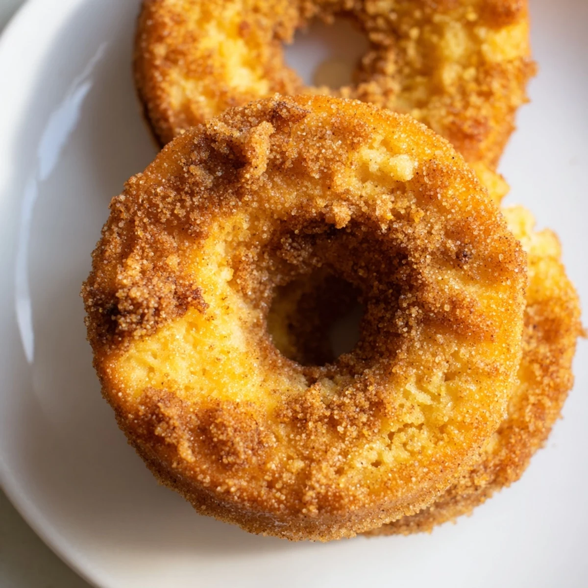 Golden-brown 1-Minute Air Fryer Donuts, crispy outside, fluffy inside, tossed in cinnamon sugar, ready to eat!