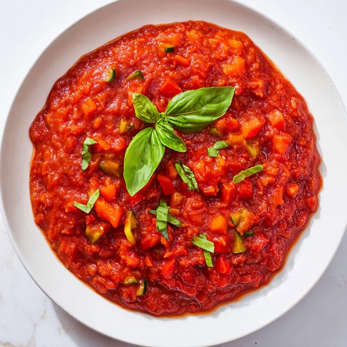 Vibrant Veggie-Loaded Tomato Pasta Sauce, thick and smooth, ready to coat your favorite pasta.