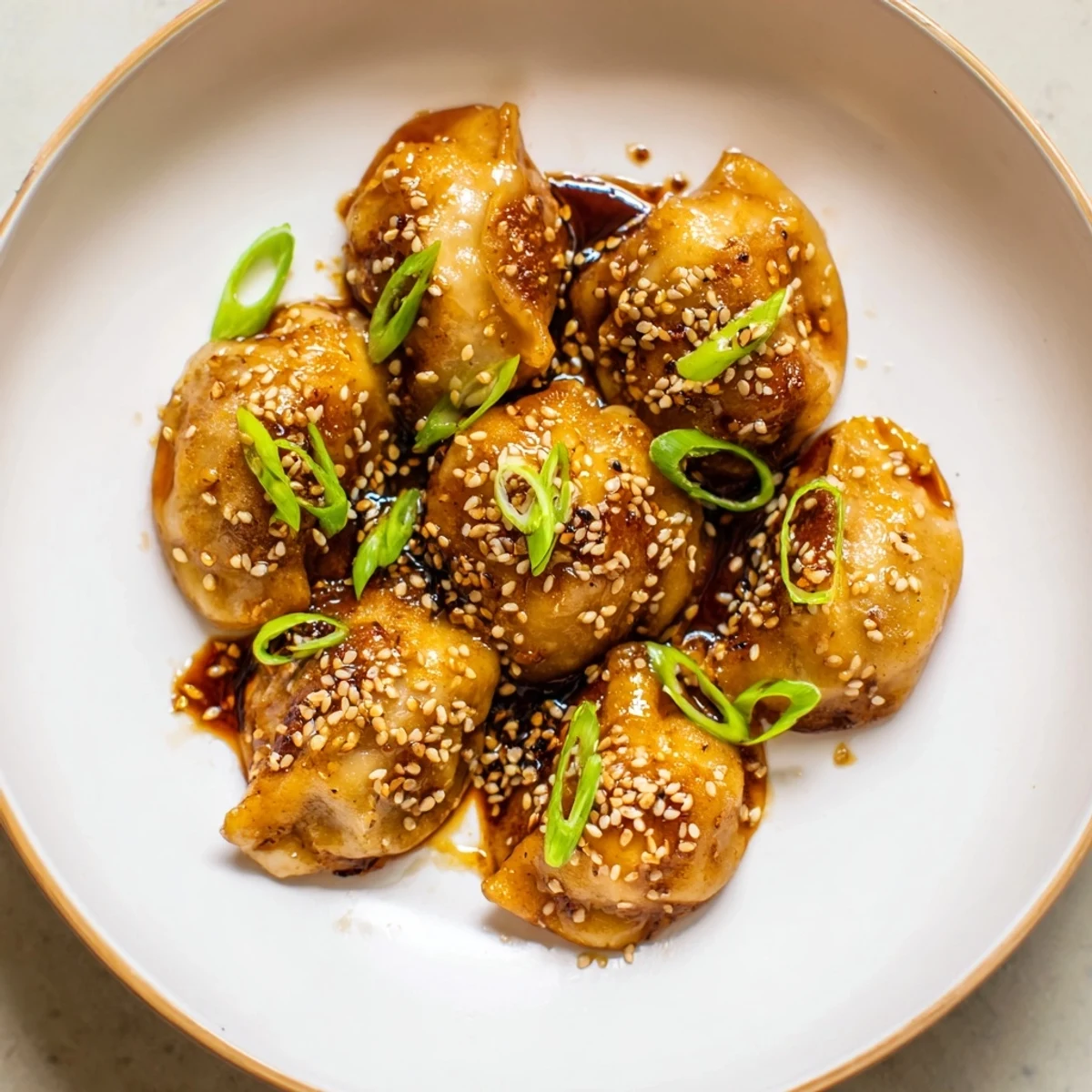 Crispy air fryer frozen dumplings glistening in a sesame oil glaze, perfect appetizer ready to serve!