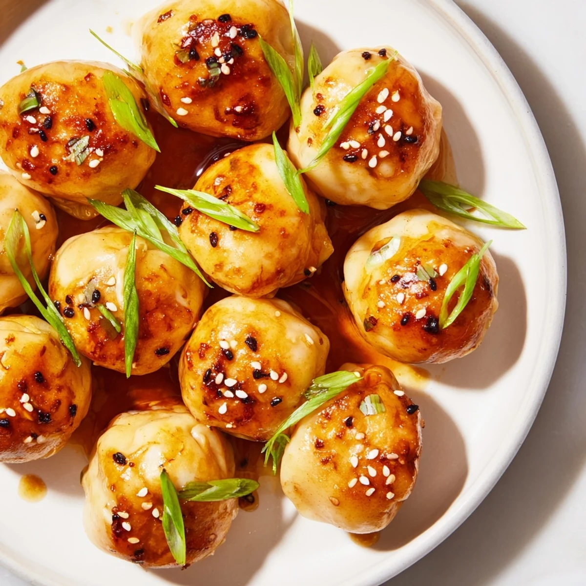 Close-up of perfectly cooked air fryer frozen dumplings; the savory sesame glaze makes a tasty bite.