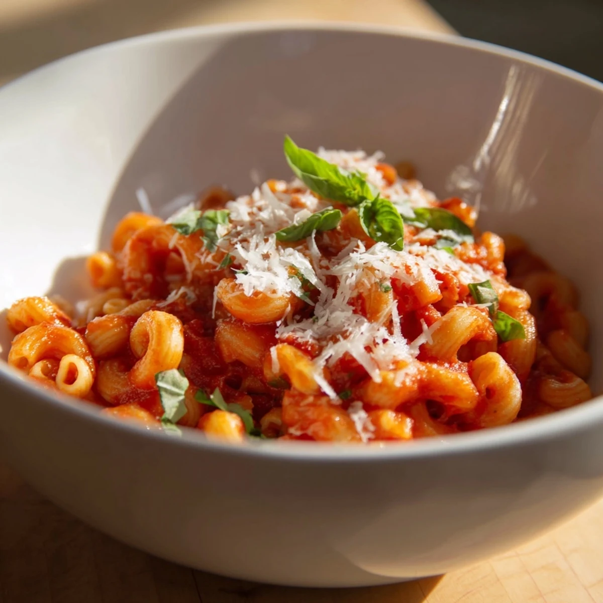 Steaming bowl of Microwave Bowl Pasta, coated in marinara sauce and sprinkled with fresh herbs.