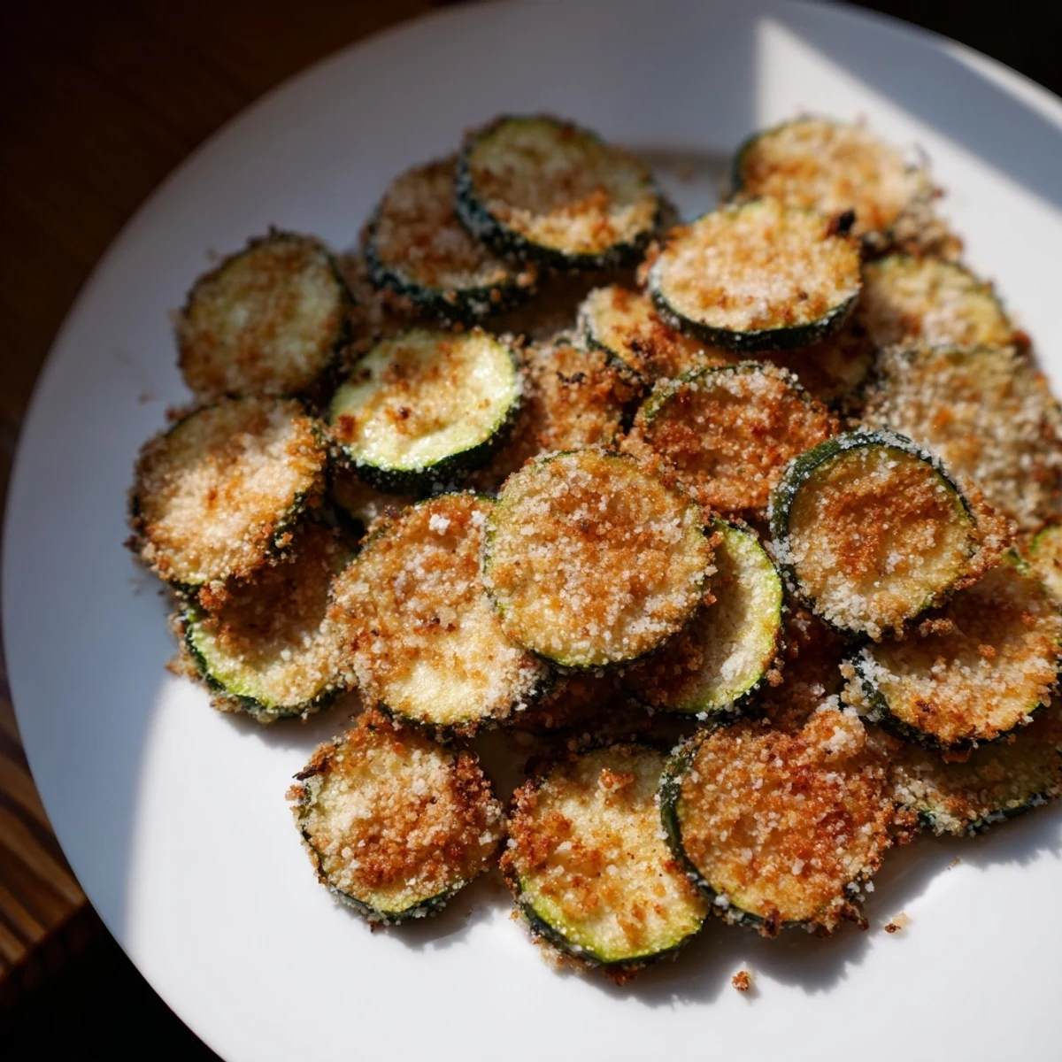 Crispy golden Zucchini Chips, a healthier snack, air-fried and ready to dip with marinara sauce.
