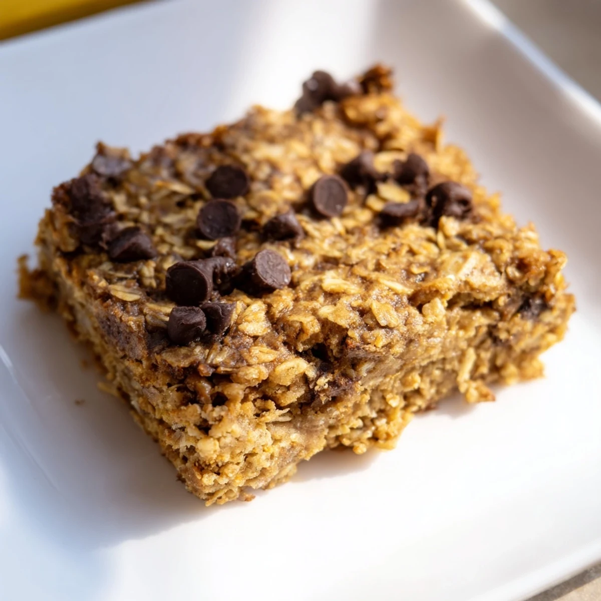 A square of Baked Oats That Taste Like Cake, golden brown with melted chocolate chips, ready to slice.