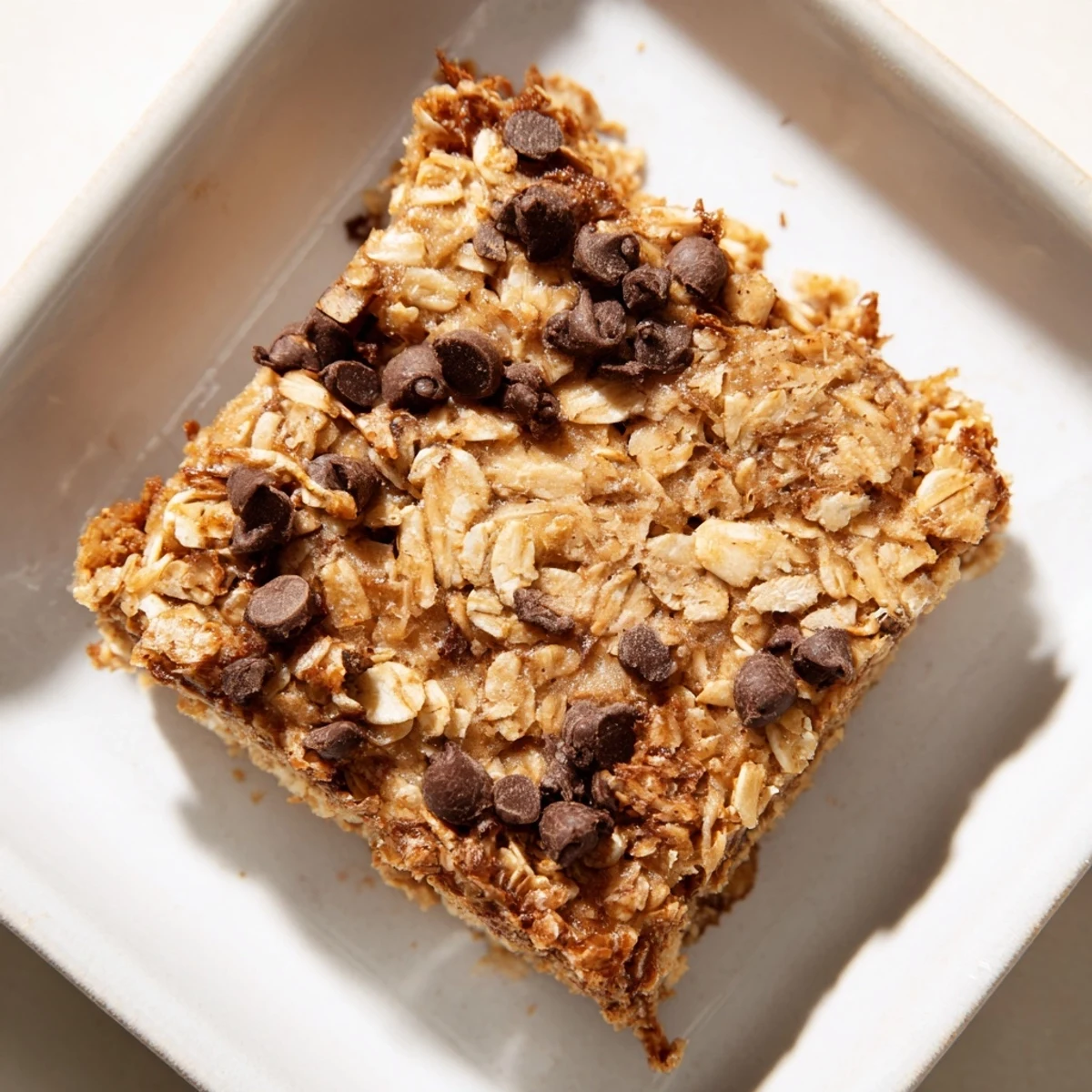 Warm, hearty Baked Oats That Taste Like Cake, appealingly simple breakfast bars, served with a dusting of cinnamon.