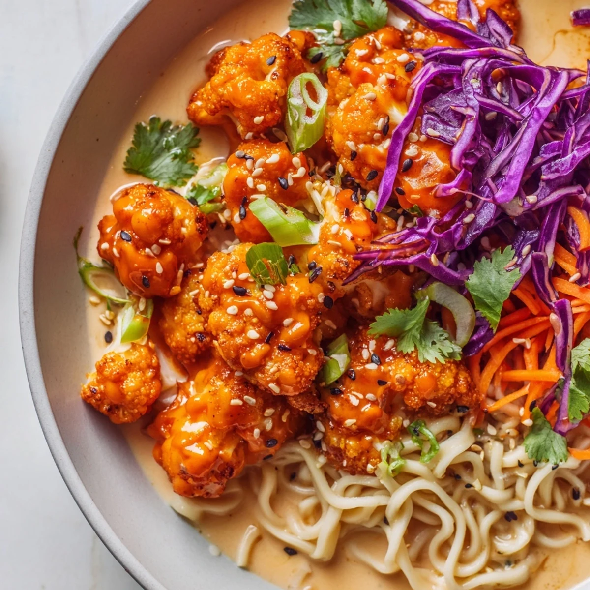 A steaming bowl of Chaos Cooking Buffalo Cauliflower Ramen with vibrant toppings and creamy broth.