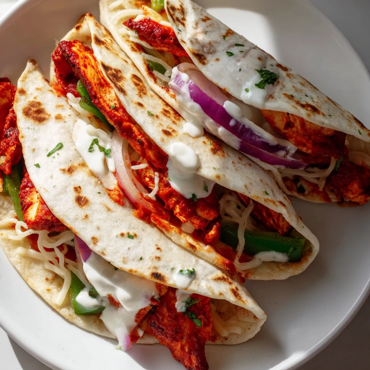 Golden, melty Tandoori Chicken Quesadilla featuring colorful bell peppers is ready to be devoured.