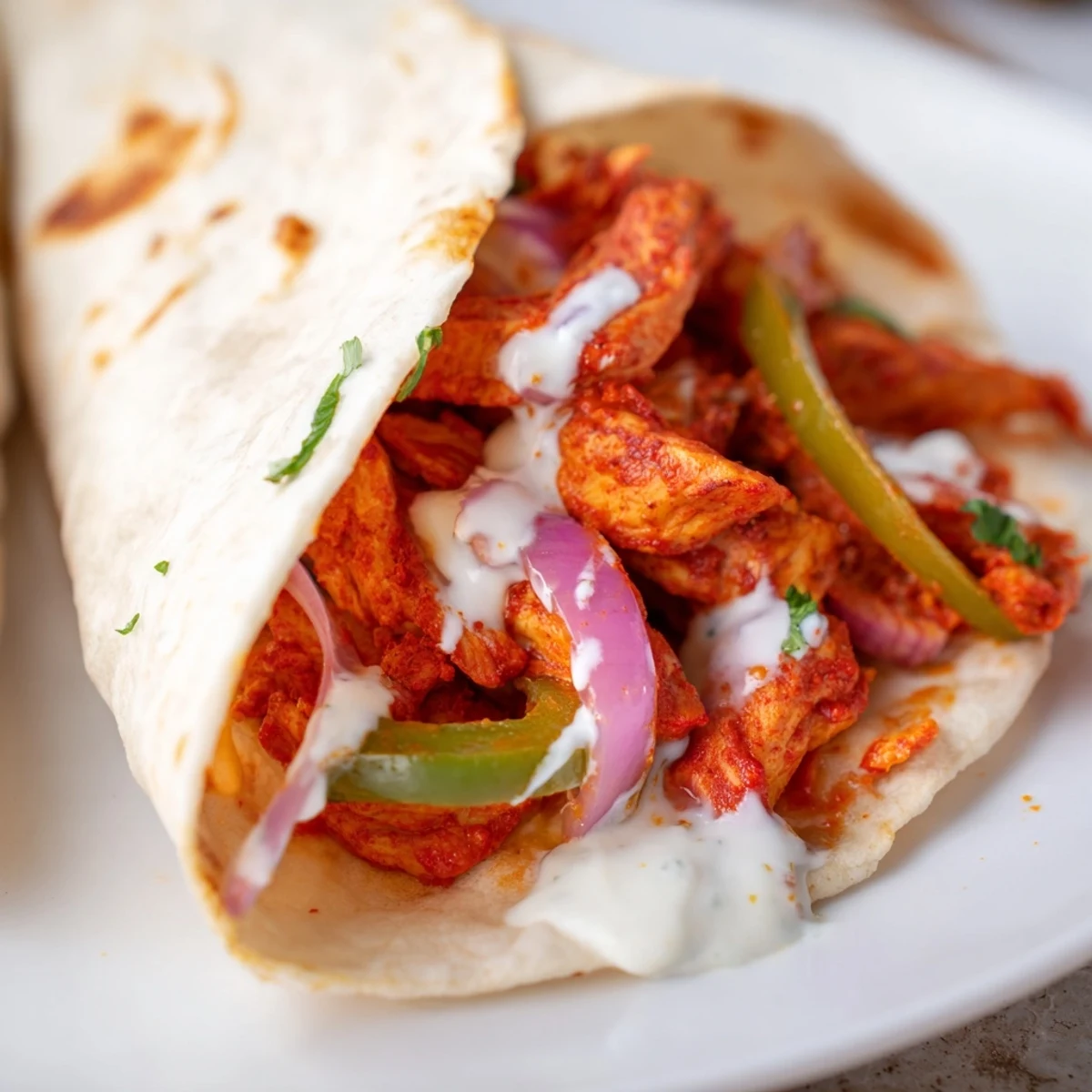 Imagine a close-up of a warm, cheesy Tandoori Chicken Quesadilla with juicy chicken and melted cheese oozing.