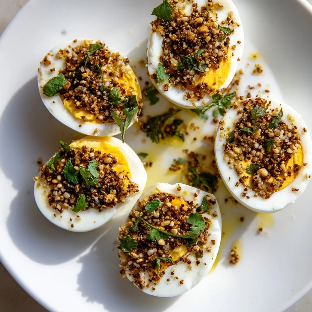 Perfectly cooked Dukkah-Spiced Eggs, glistening with olive oil and bursting with fresh herb flavors.