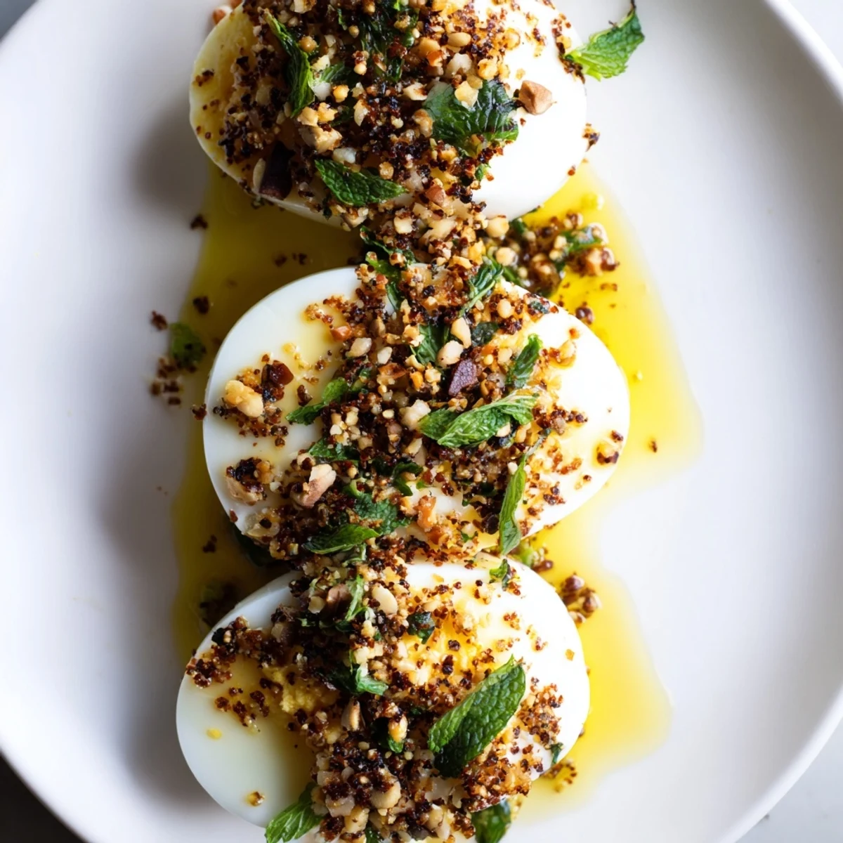 Vibrant image of Dukkah-Spiced Eggs, showcasing golden yolks and a fragrant spice topping alongside fresh pita.
