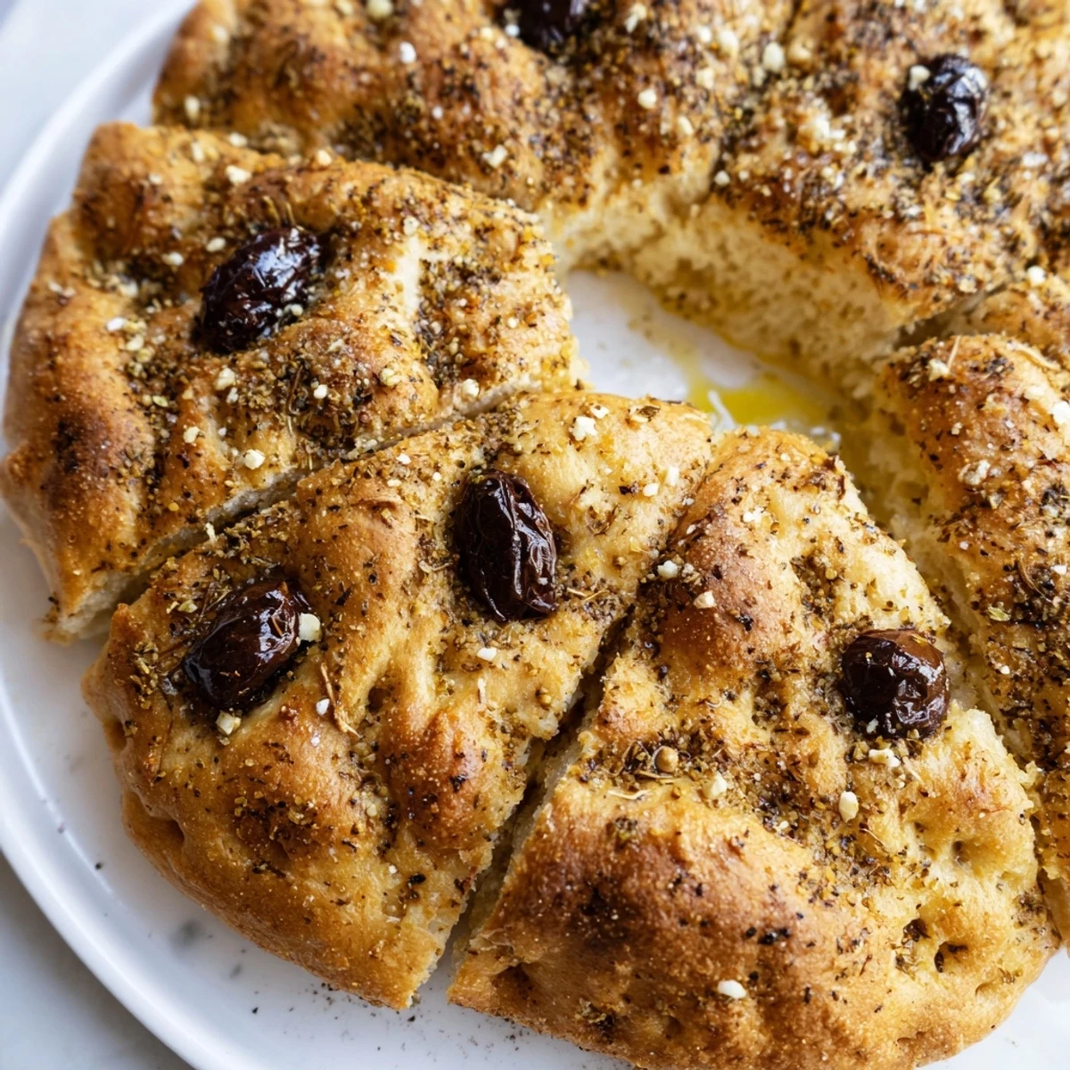 Golden brown Zaatar Olive Focaccia, flecked with olives and crispy edges, ready to serve warm.
