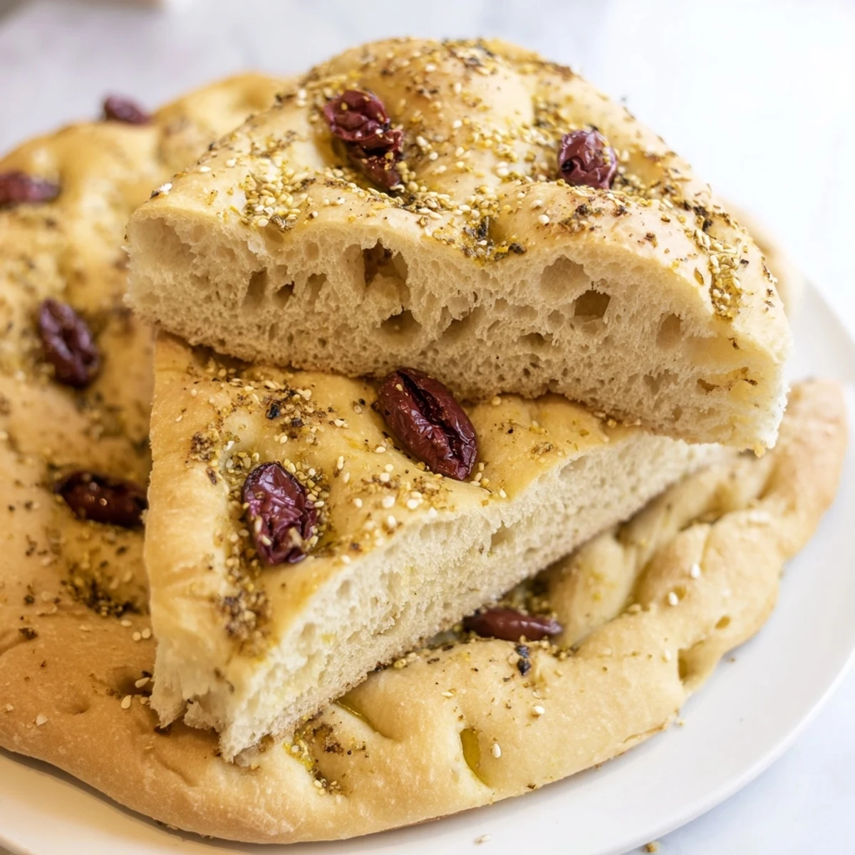 A close-up of freshly baked Zaatar Olive Focaccia, fragrant with herbs and drizzled with olive oil.