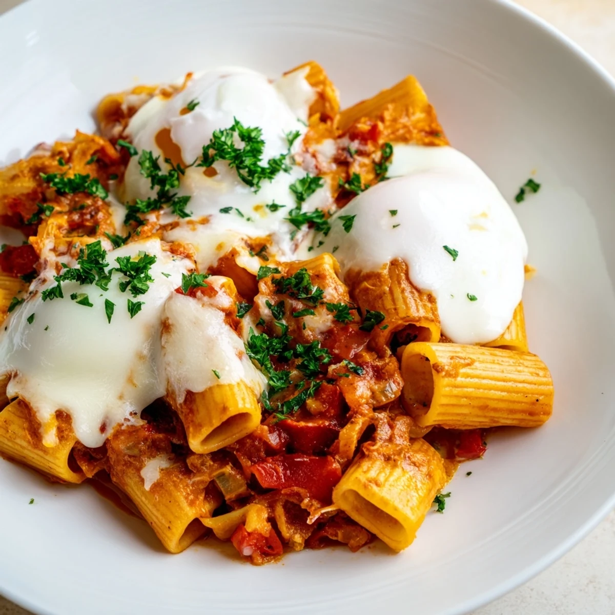 Shakshuka Baked Pasta, a vibrant dish with perfectly poached eggs and bubbling tomato sauce.