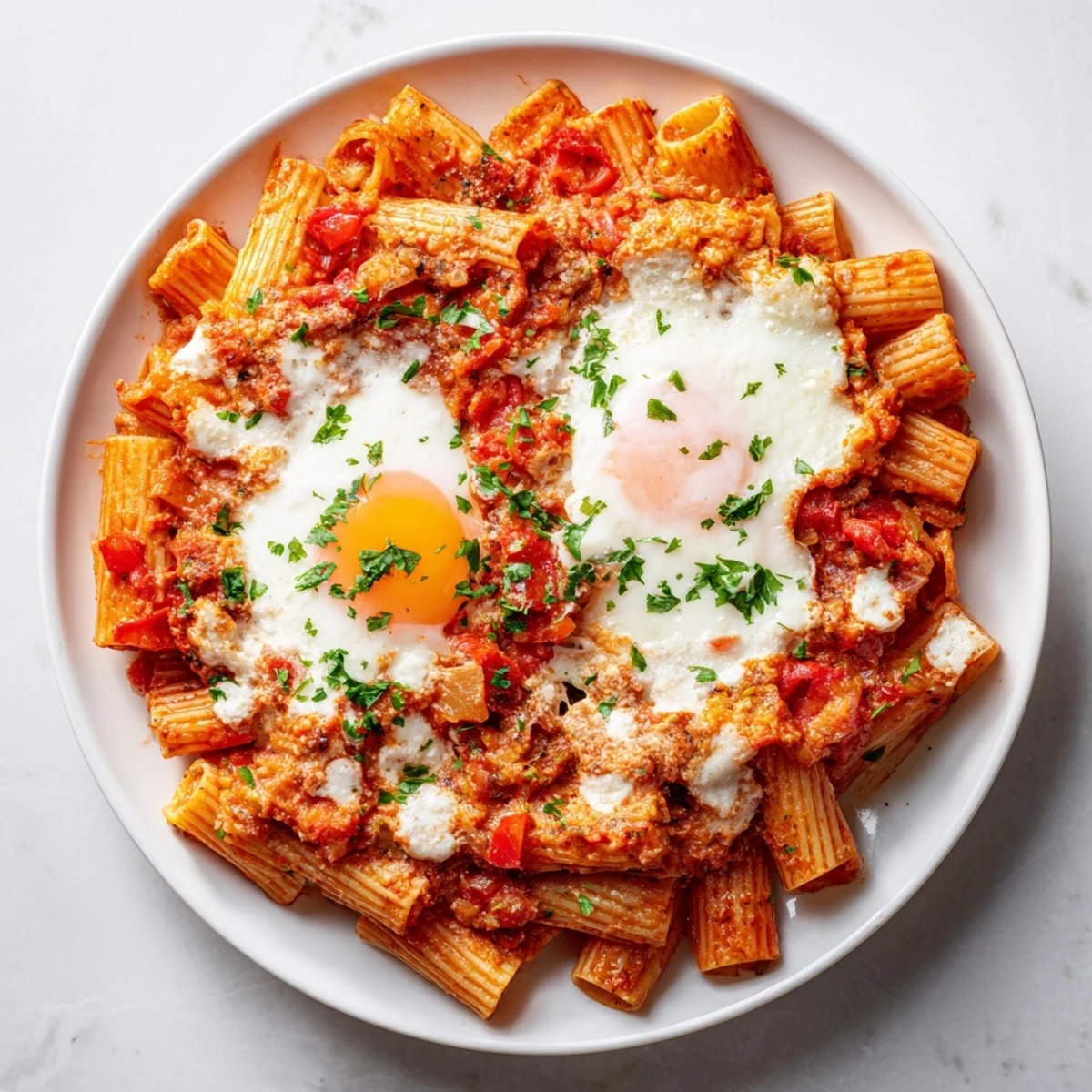 Imagine the rich aroma of this Shakshuka Baked Pasta, served hot with fresh herbs and crusty bread.