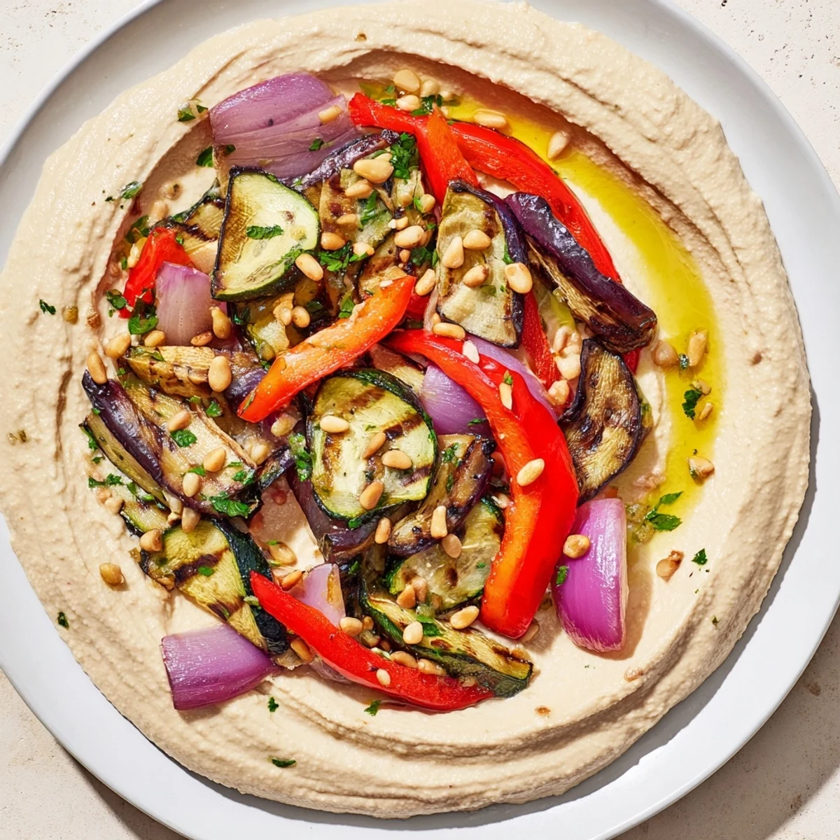 Creamy hummus roasted veggies, topped with colorful roasted bell peppers and crunchy pine nuts.
