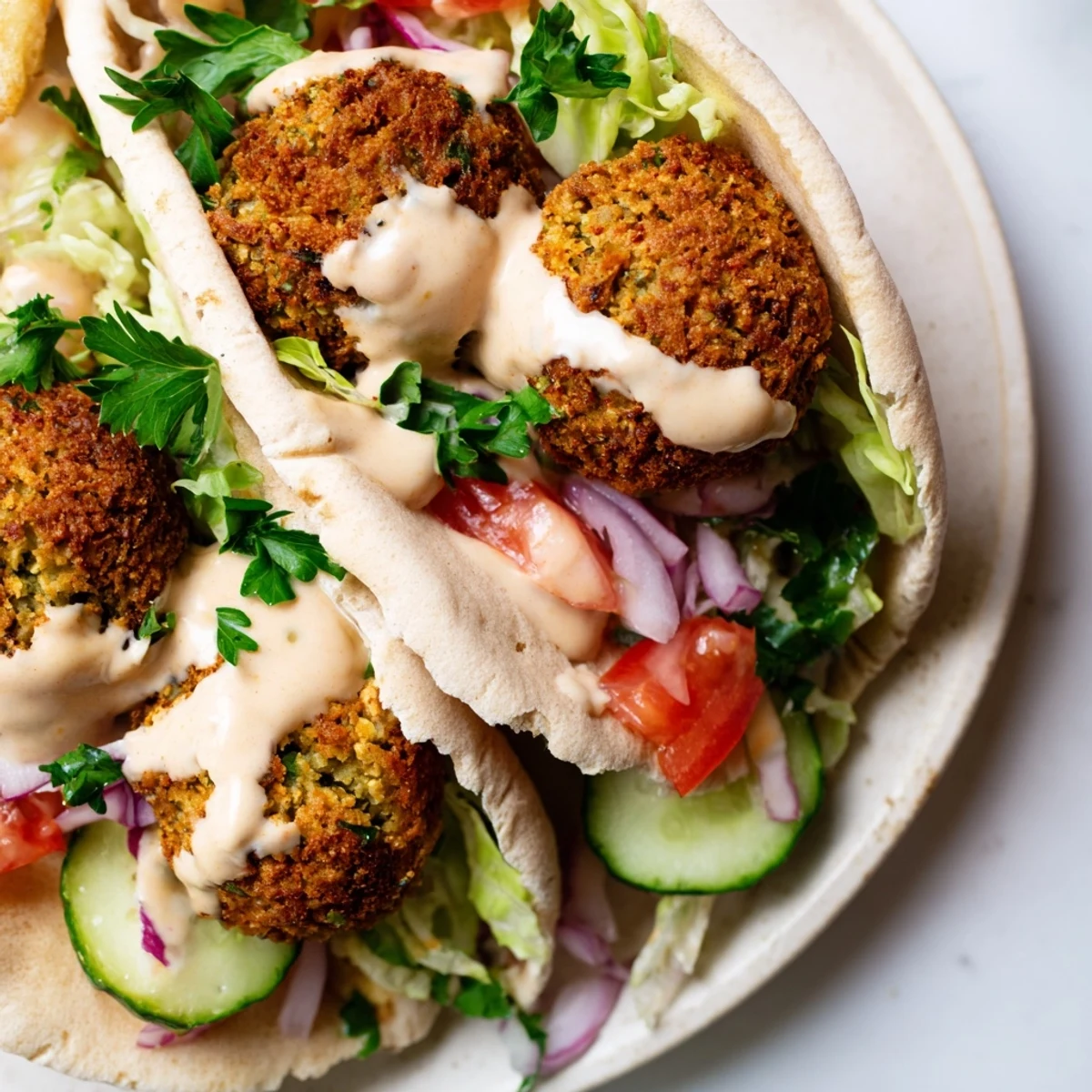 Golden, crispy falafel pita pocket bursting with fresh, colorful vegetables and creamy tahini sauce.