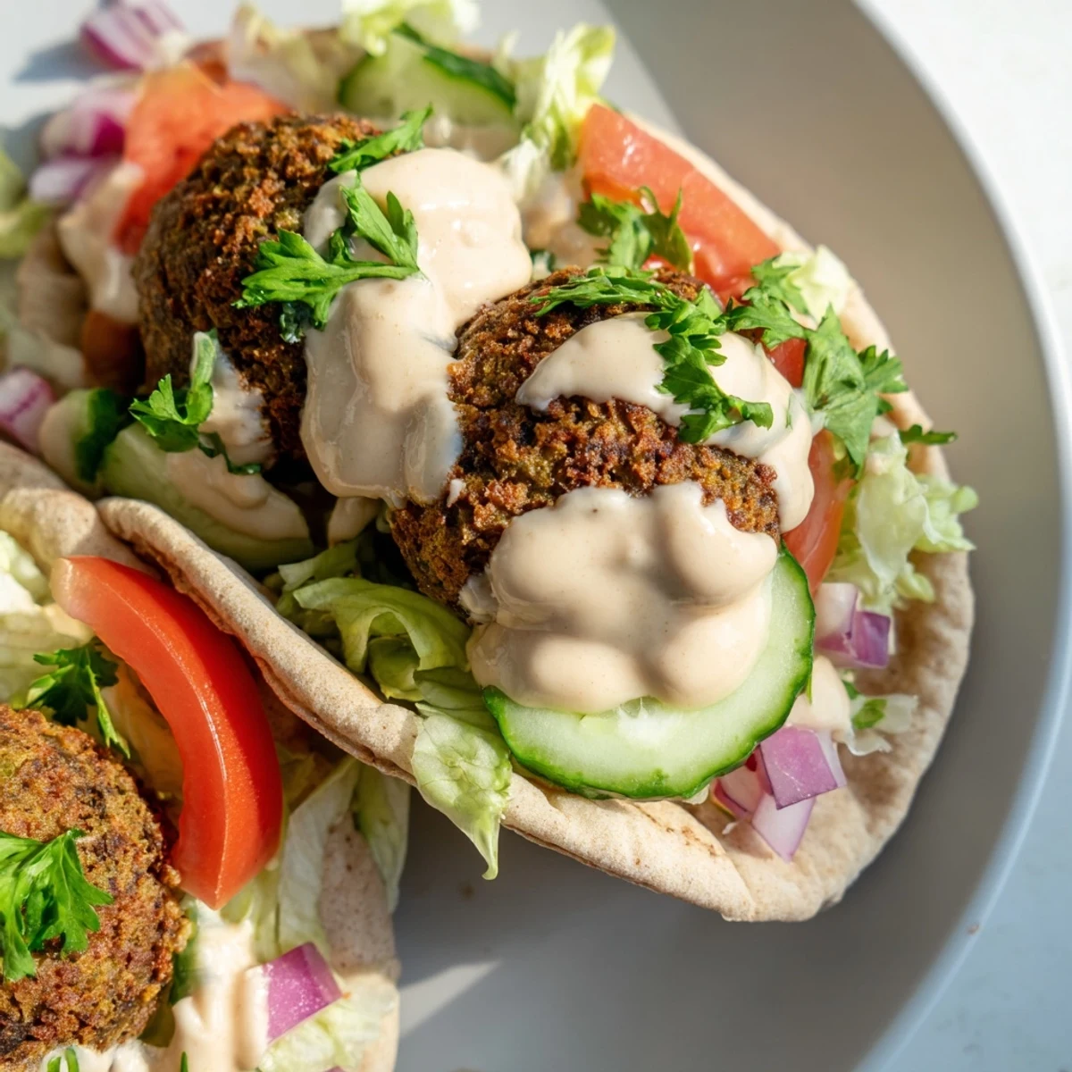 Close-up of a delicious falafel pita pocket, ready to eat, filled with flavorful Middle Eastern ingredients.