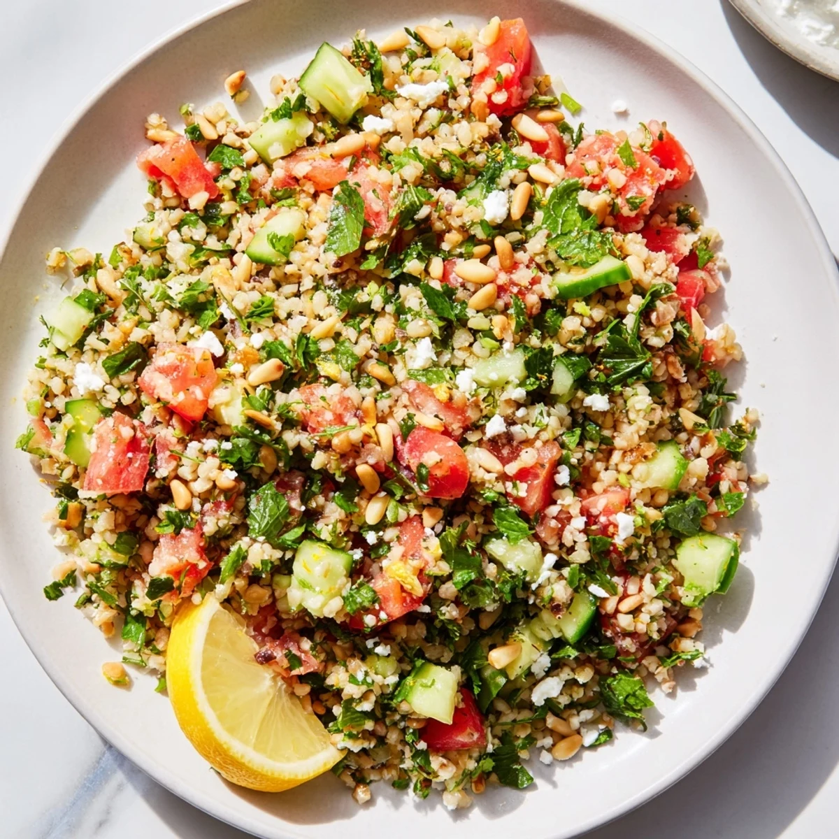 A bright, colorful Tabbouleh Grain Bowl, featuring fresh parsley and juicy tomatoes, ready to eat.