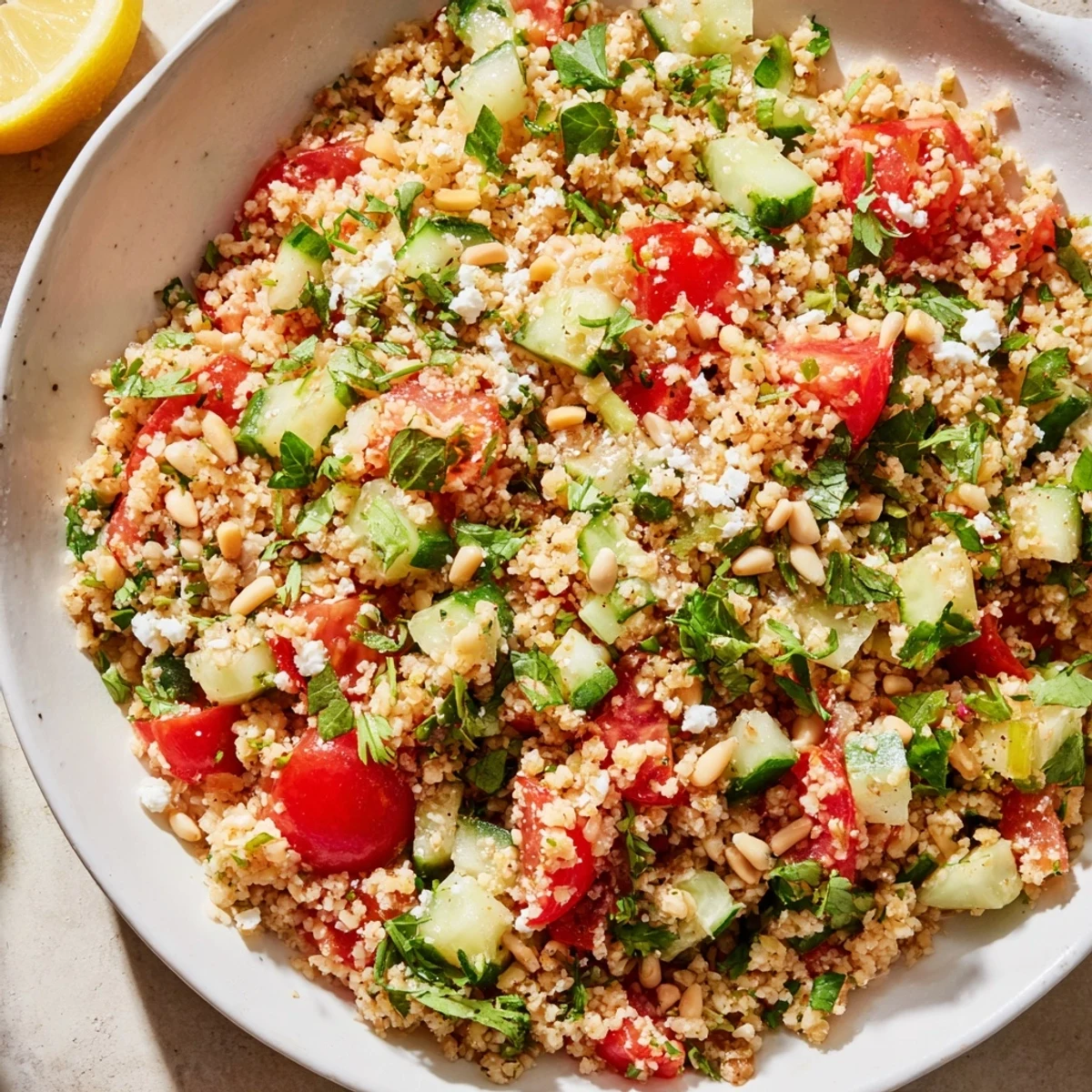 Delicious, vegetarian Tabbouleh Grain Bowl with feta, pine nuts, and lemon wedges, perfect for summer.