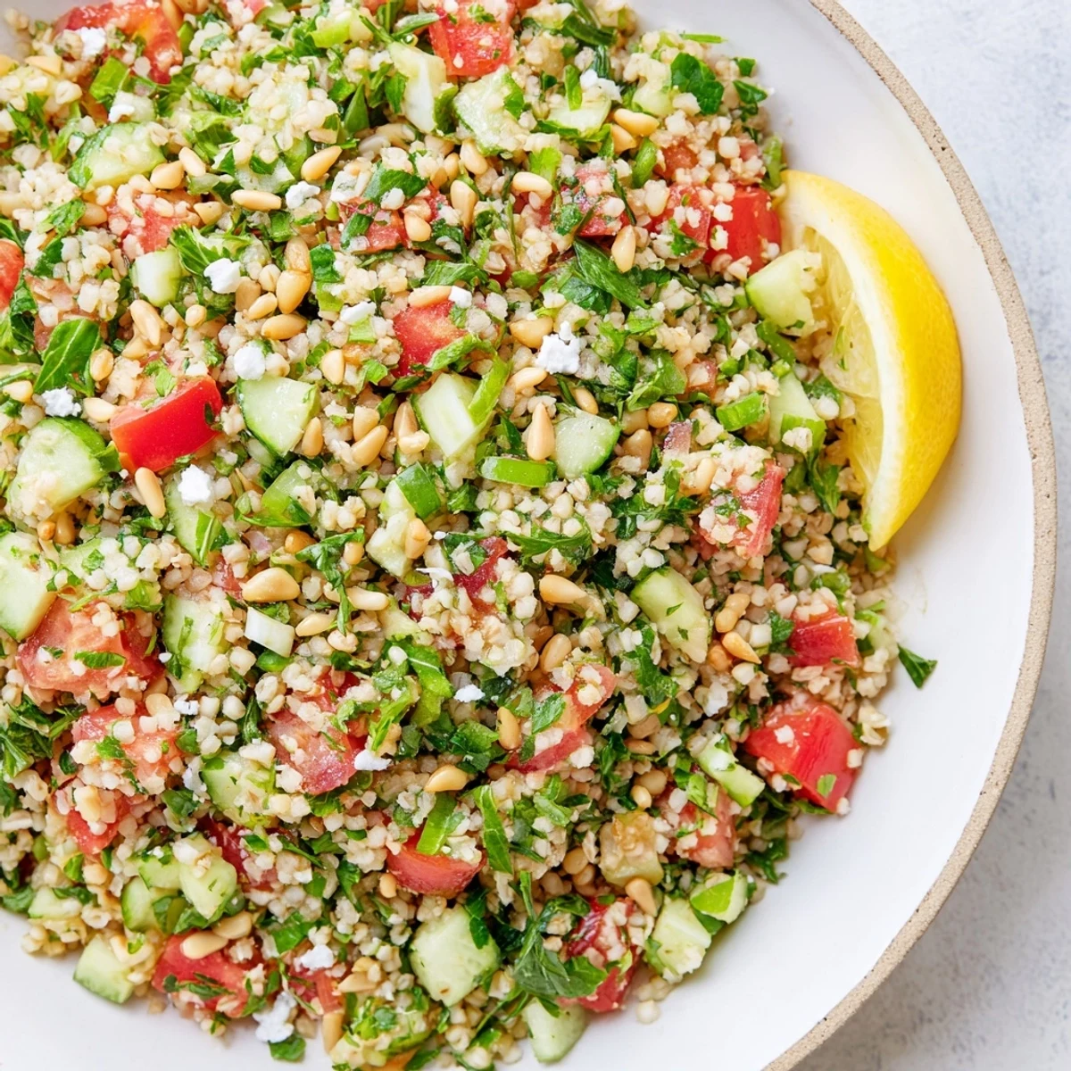 Close-up of a refreshing Tabbouleh Grain Bowl, with bulgur wheat and a bright lemon dressing poured over.