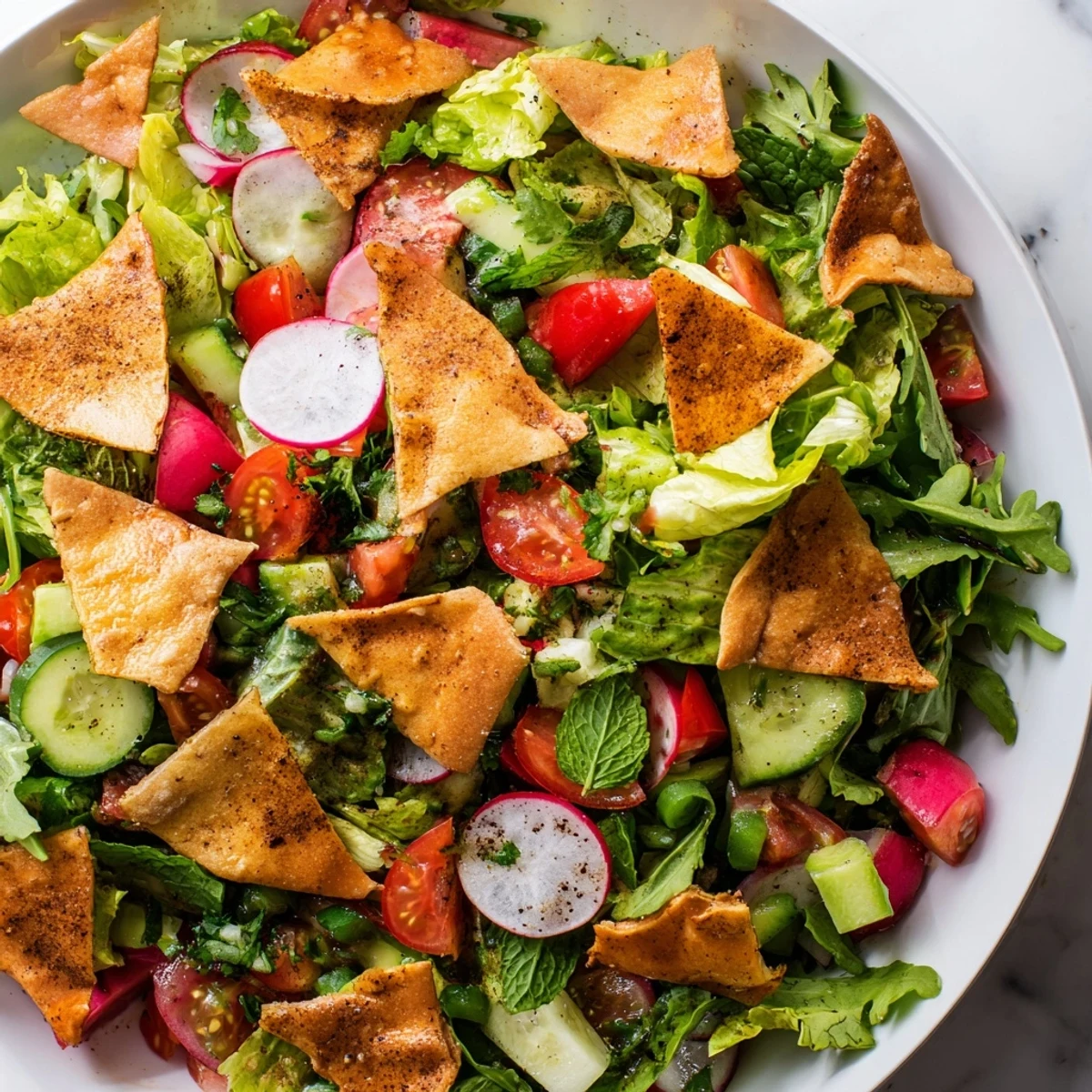 A colorful Fattoush Crunch Salad with crispy pita, fresh veggies, and bright sumac dressing.