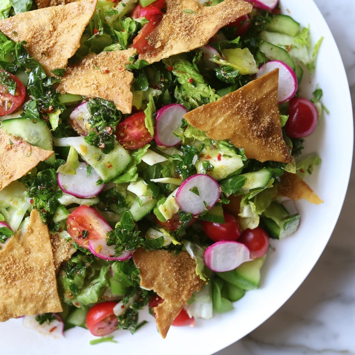 Imagine a refreshing Fattoush Crunch Salad: a bright, textured bowl with vibrant ingredients and pita.