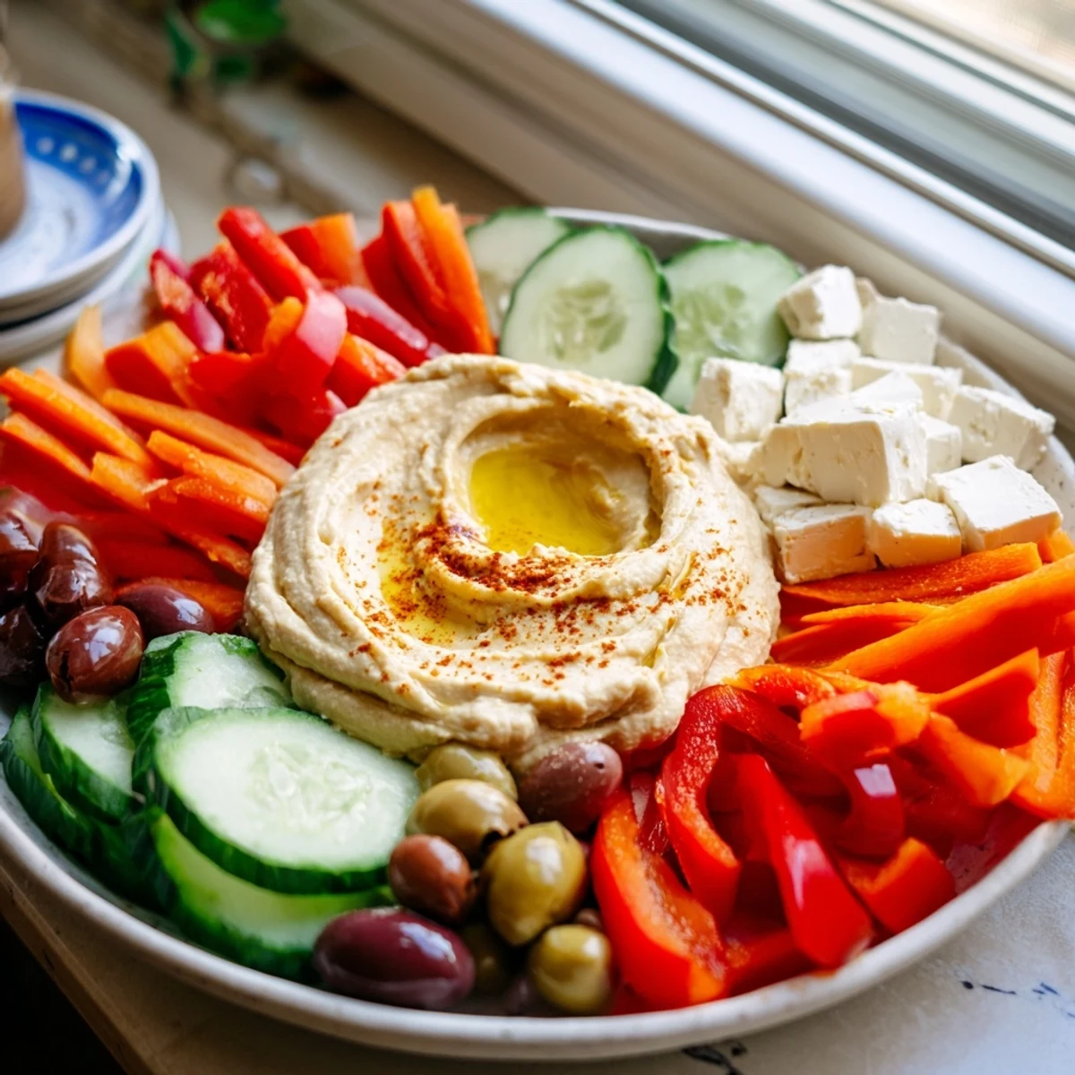 A vibrant Middle Eastern Mezze Platter with creamy hummus, fresh veggies, olives, and warm pita bread.