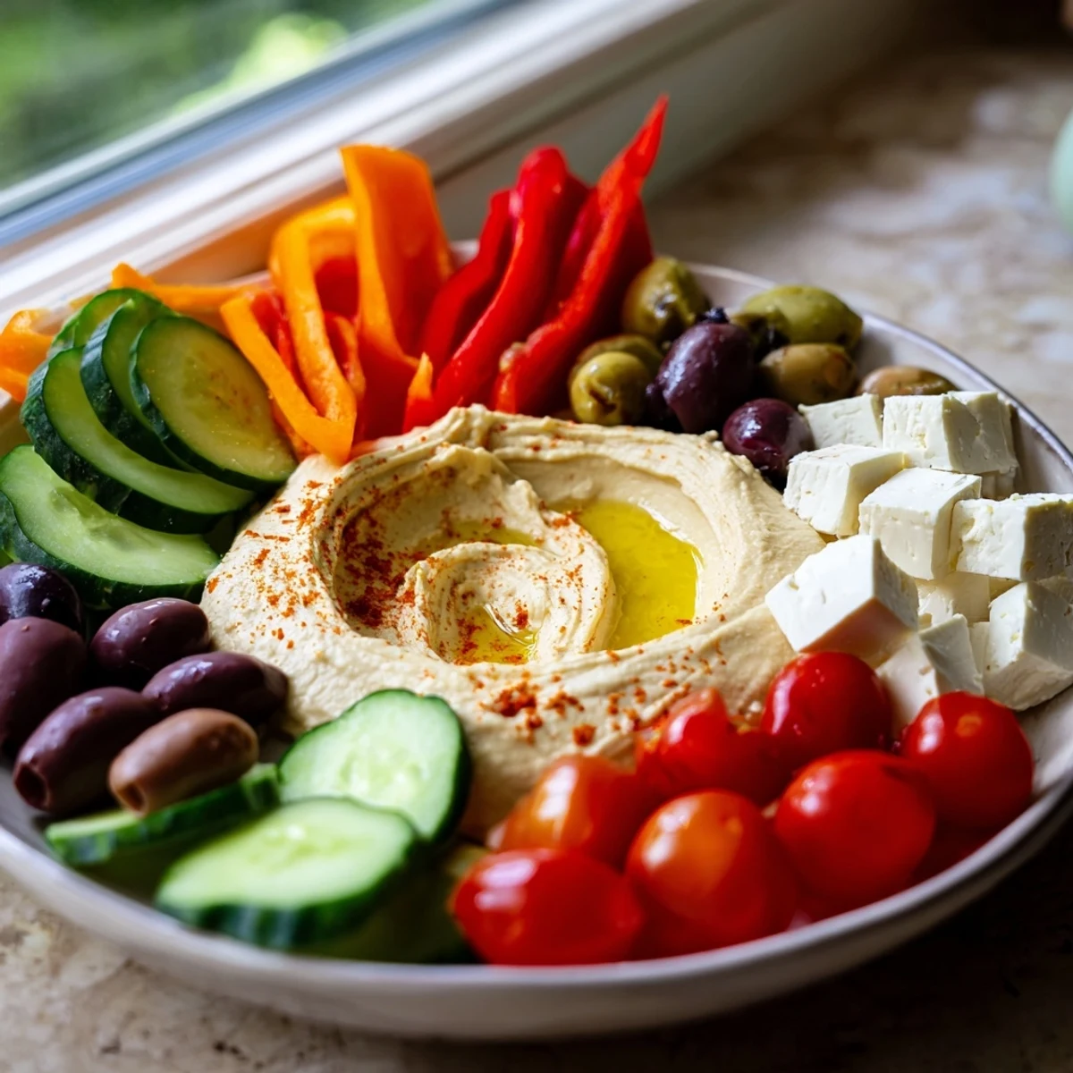 Colorful Middle Eastern Mezze Platter featuring creamy hummus drizzled with olive oil and pita triangles.