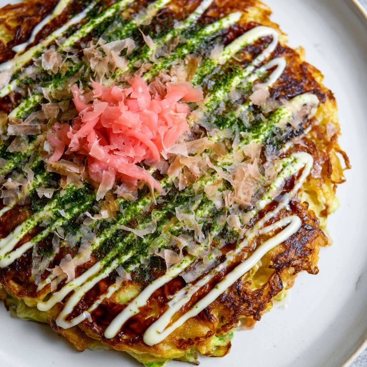 A close-up of fluffy cabbage pancakes drizzled with tangy okonomiyaki sauce and mayo.  
