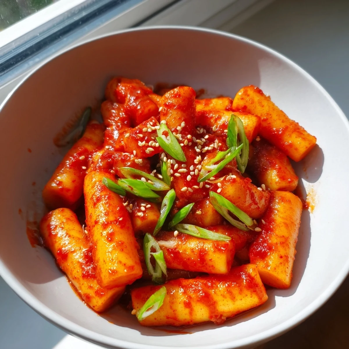 Steaming bowls of Korean tteokbokki feature chewy rice cakes coated in a vibrant, spicy-sweet gochujang sauce, topped with fresh green onions and sesame seeds.