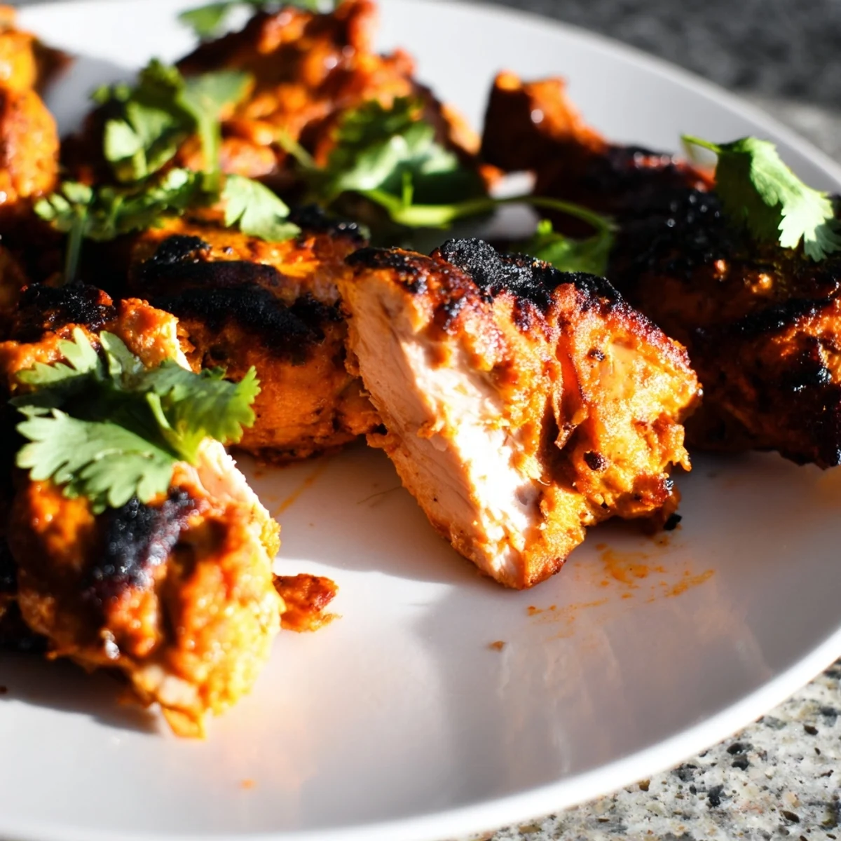 Aromatic Indian Tikka Spiced Chicken glistens with vibrant tandoori spices, served with fresh cilantro and lemon wedges.