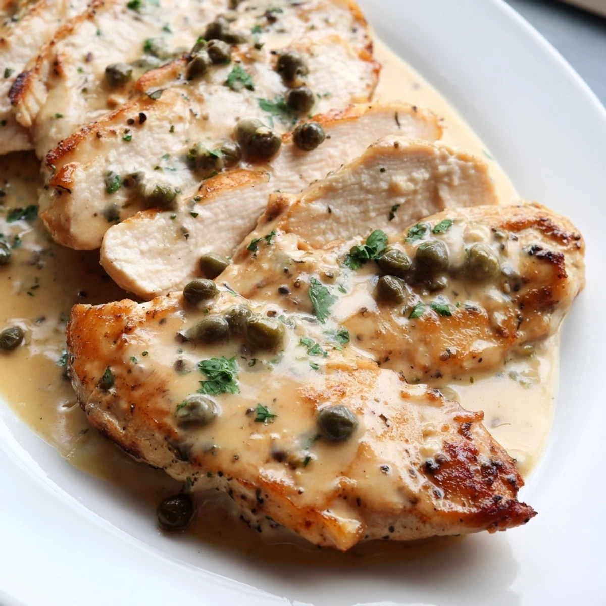 Golden pan-fried chicken breasts smothered in a creamy lemon caper sauce, served over pasta for a comforting Italian-American main dish.