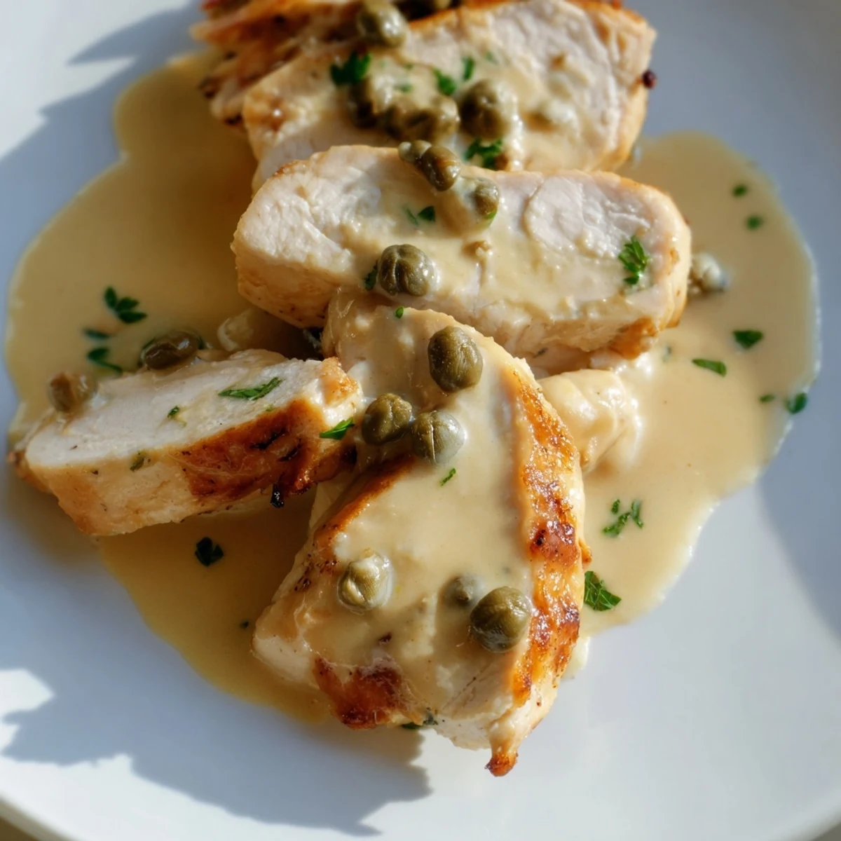 Tender, golden-brown chicken piccata with a luscious, tangy cream sauce, bright lemon, and salty capers on a rustic plate.