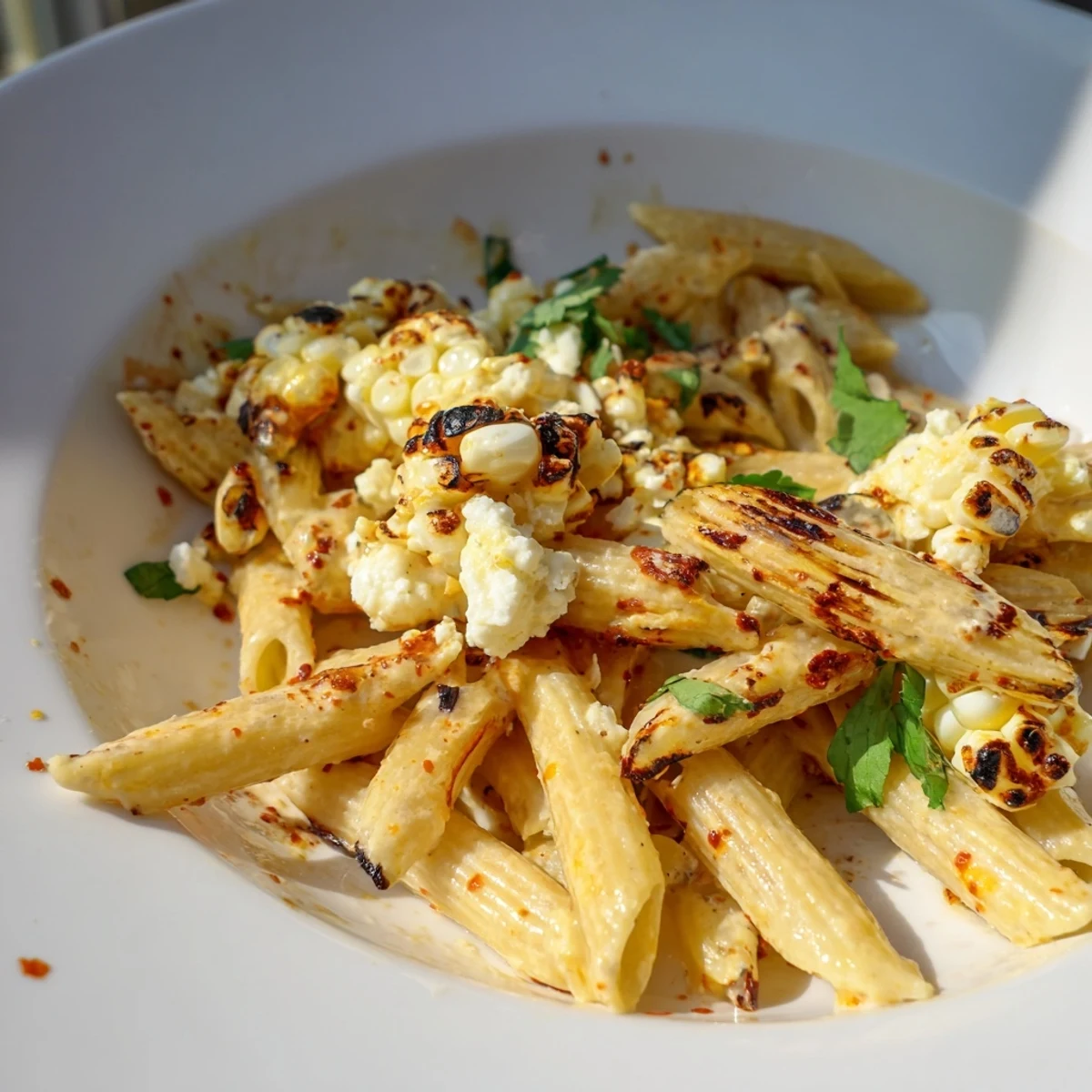 A close-up of creamy Mexican Street Corn Pasta featuring golden penne, charred corn, crumbled cotija cheese, and fresh cilantro.
