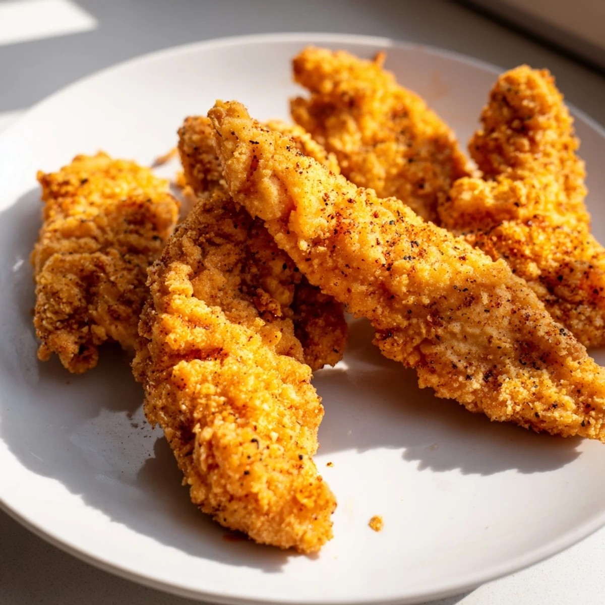 Golden-brown Crispy Fried Chicken Tenders piled high on a plate, showcasing a perfectly seasoned crust that crackles with every bite, served with a creamy dipping sauce for a classic family dinner.